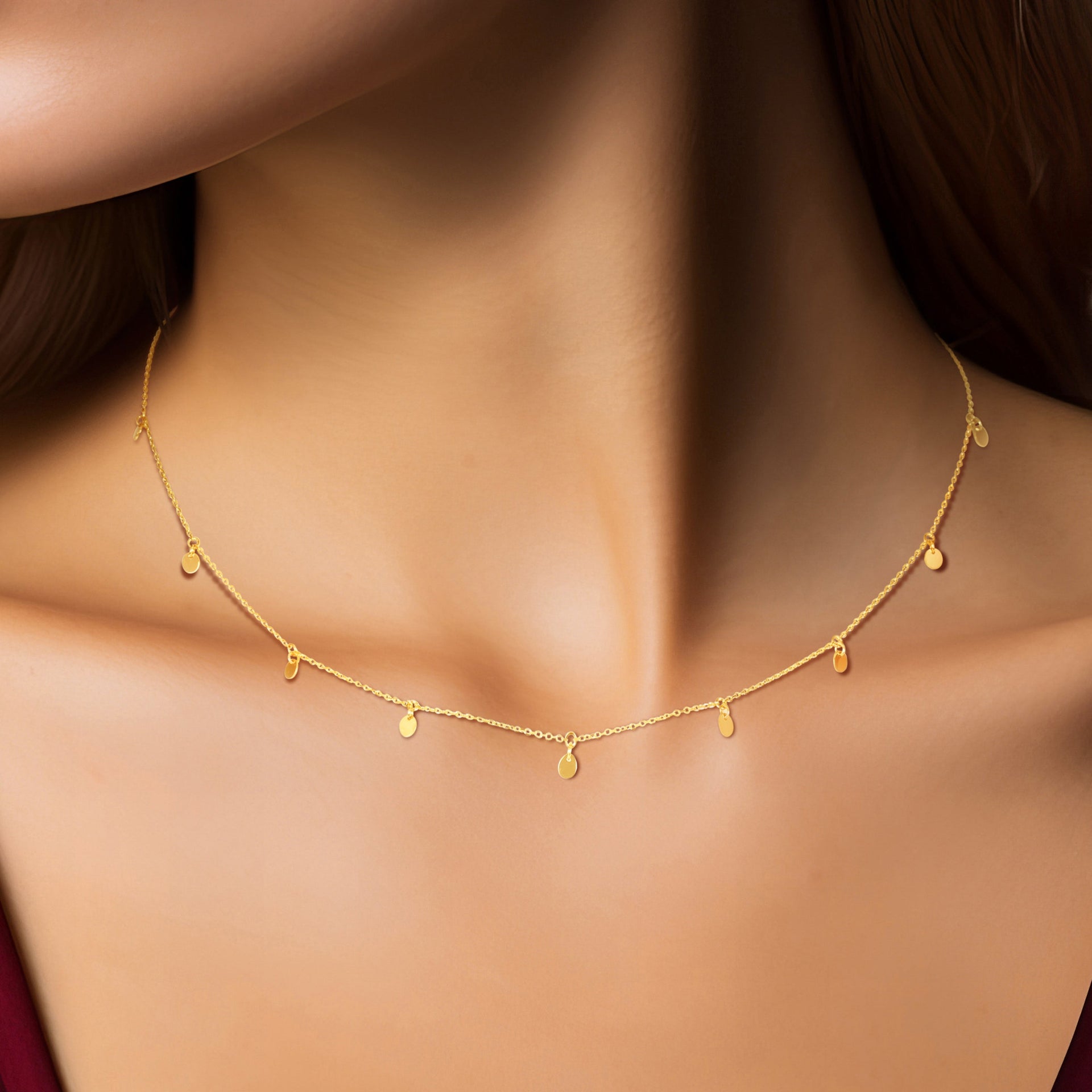 14k Yellow Gold Circle Charm Station Necklace