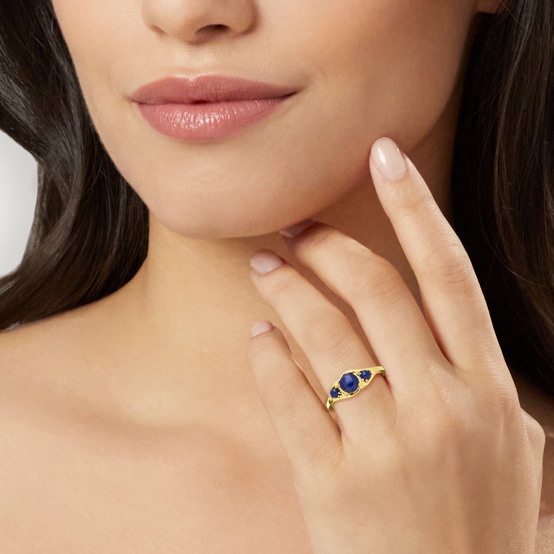 Canaria Lapis 3-Stone Ring With Diamond Accents in 10kt Yellow Gold