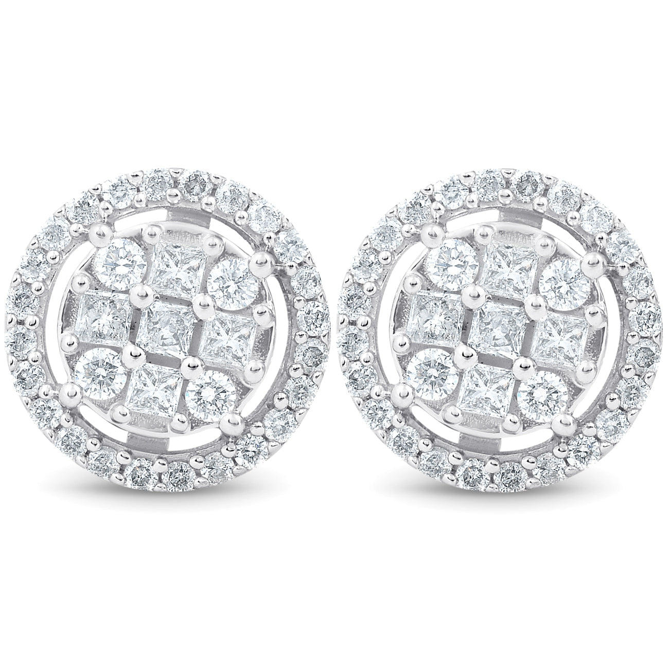 5/8 cttw Princess Cut Diamond Halo Screw Back Studs 10K White Gold 9.5MM