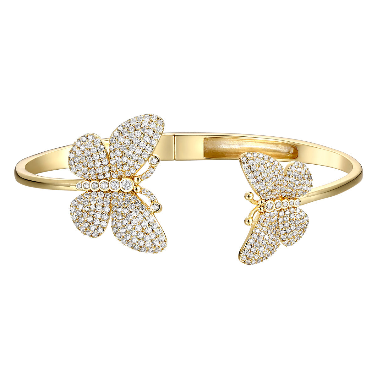 Sterling Silver 14k Gold Plated With Diamond Cubic Zirconia French Pave Butterfly Open Cuff Bangle Bracelet