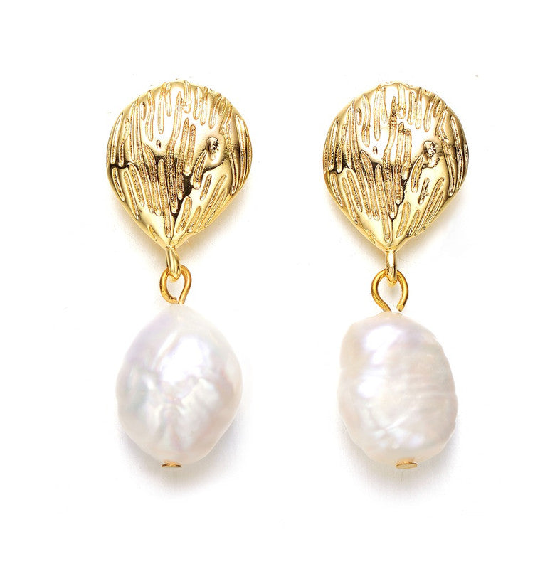 Sterling Silver 14k Gold Plated with Baroque Oval Pearl Coral Reef Dangle Earrings