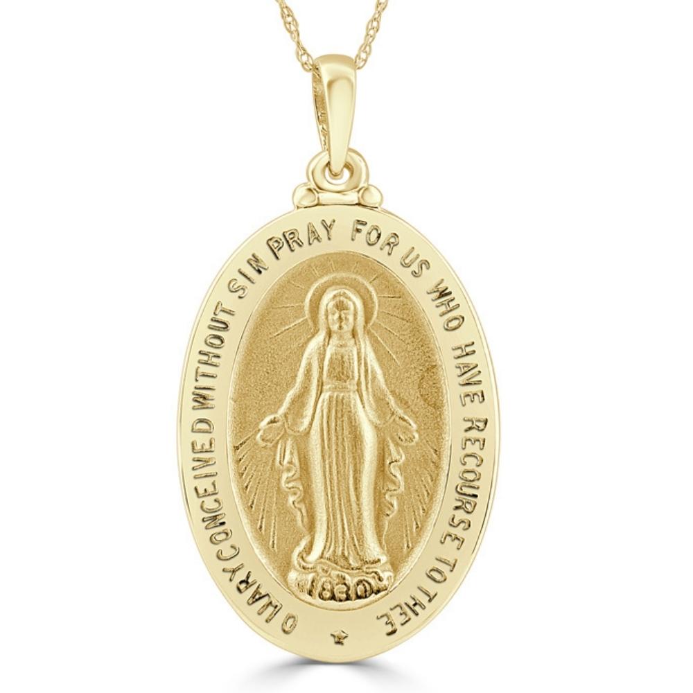 14k White or Yellow Gold Mother Mary Pray For Us Pendant Necklace 1' Tall 5 Grams