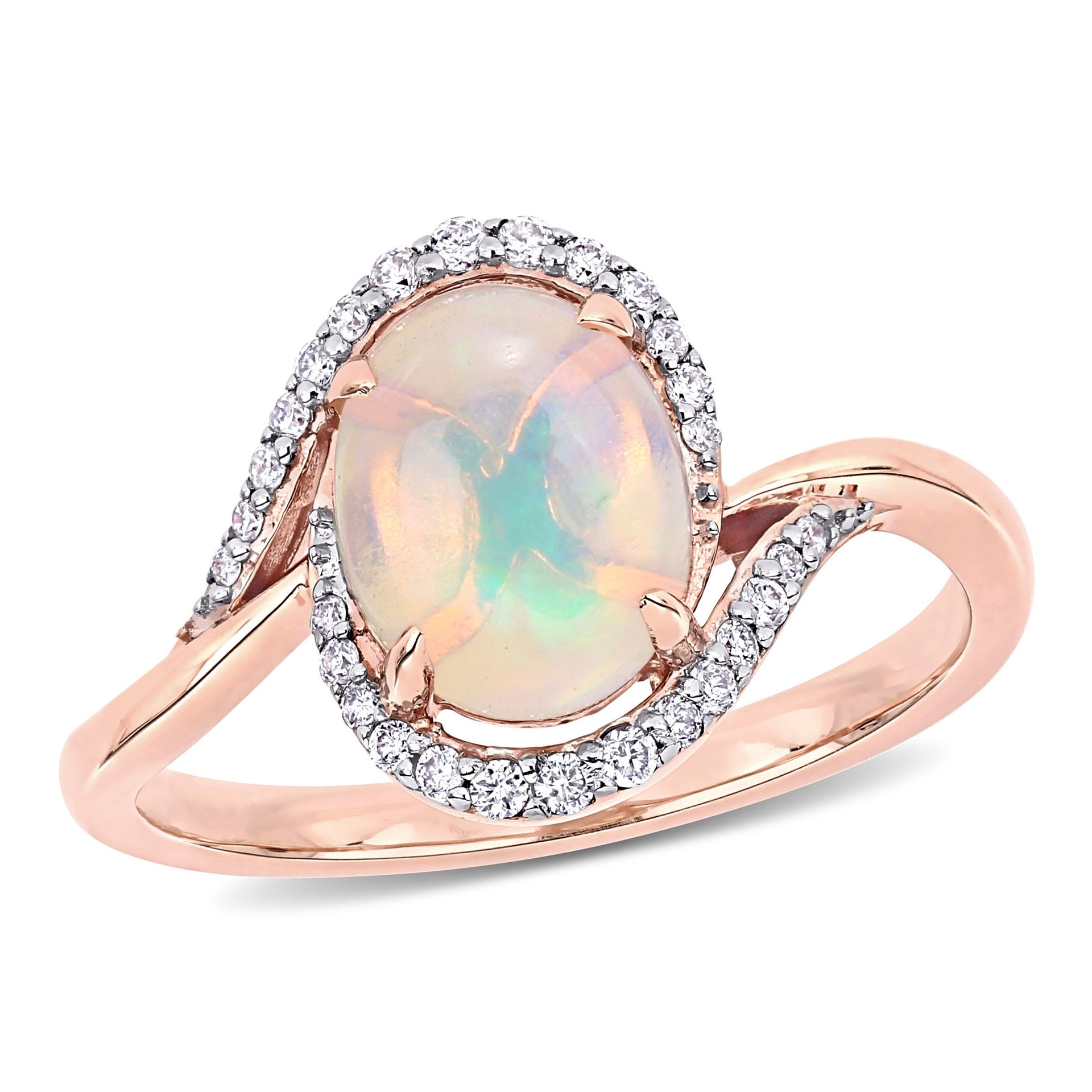 1 CT TGW Ethiopian Blue Opal and 1/7 CT TW Diamond Oval Halo Twist Ring in 10K Rose Gold