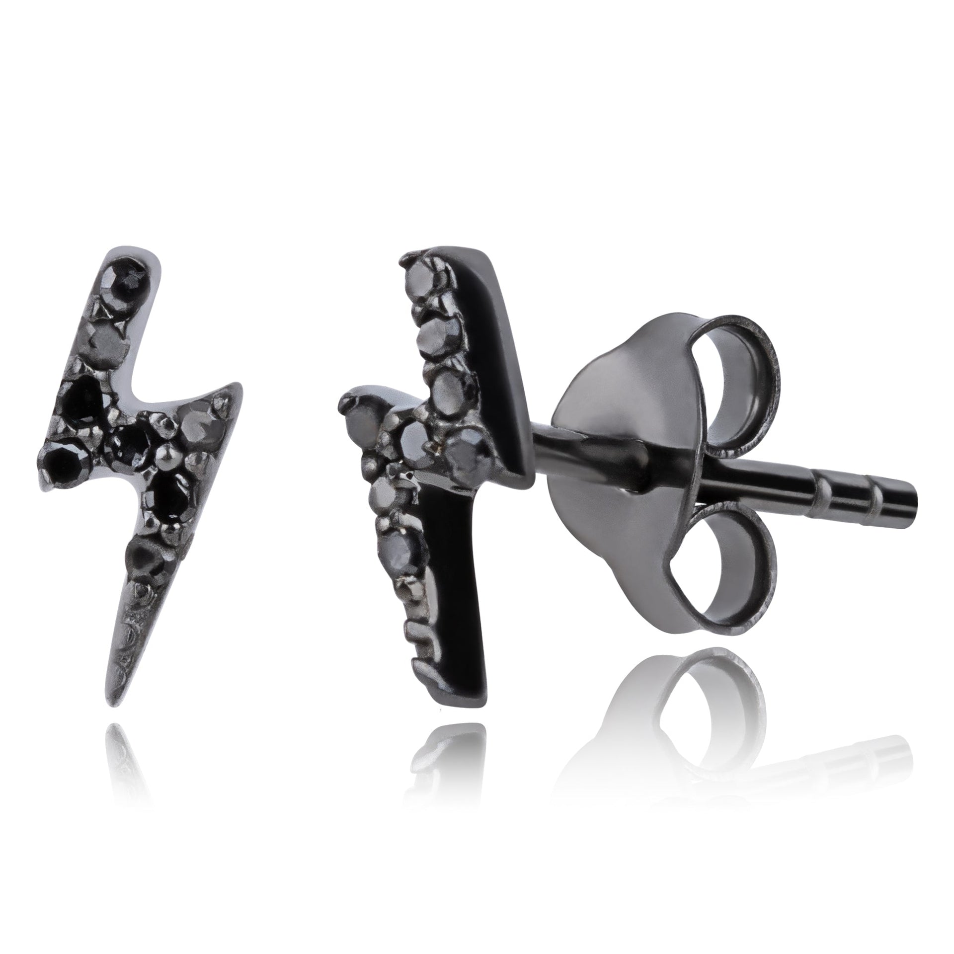 Real Black Diamond Lightning Bolt Stud Earrings in Sterling Silver