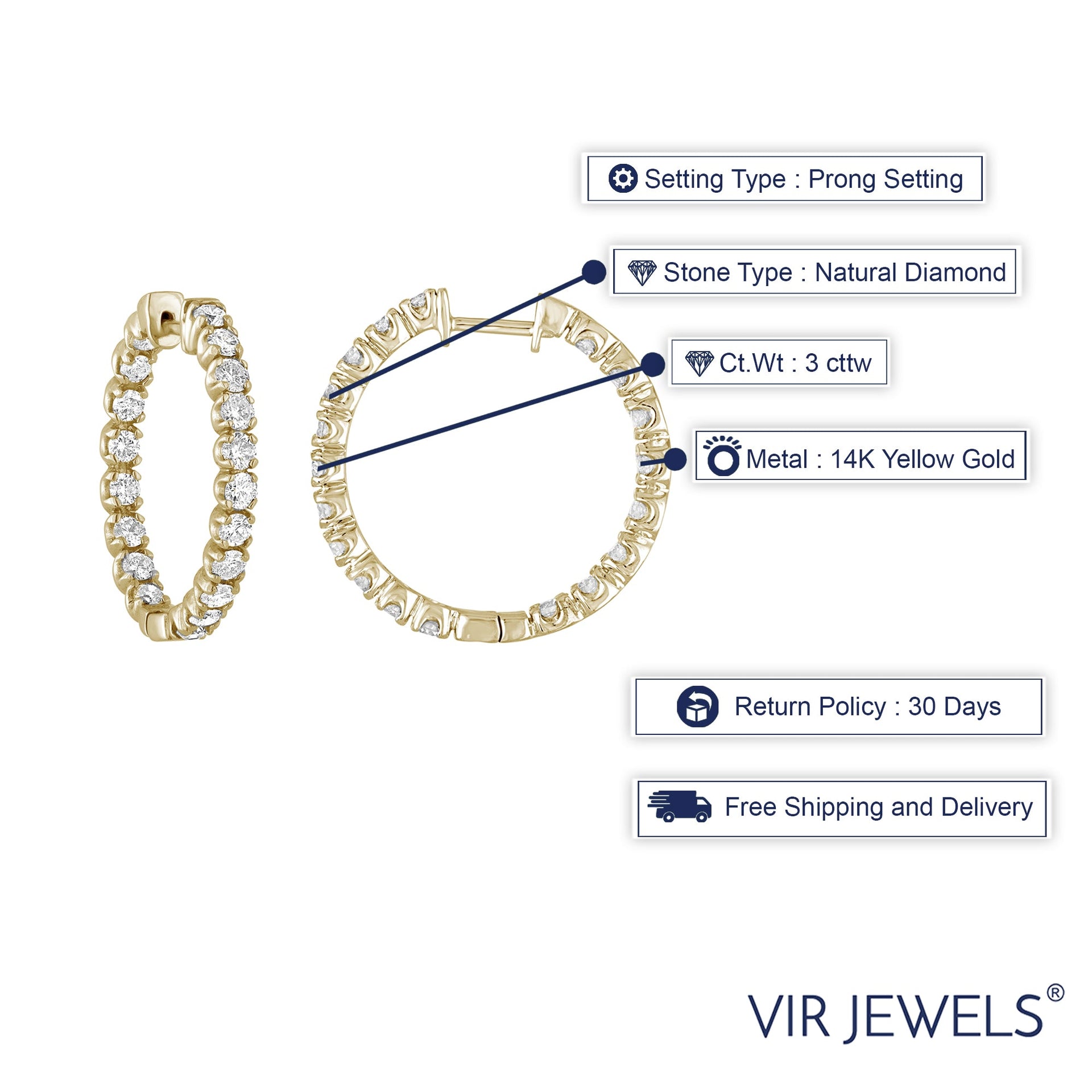 3 cttw SI2-I1 Diamond Inside Out Hoop Earrings 14K Yellow Gold Round 1 Inch