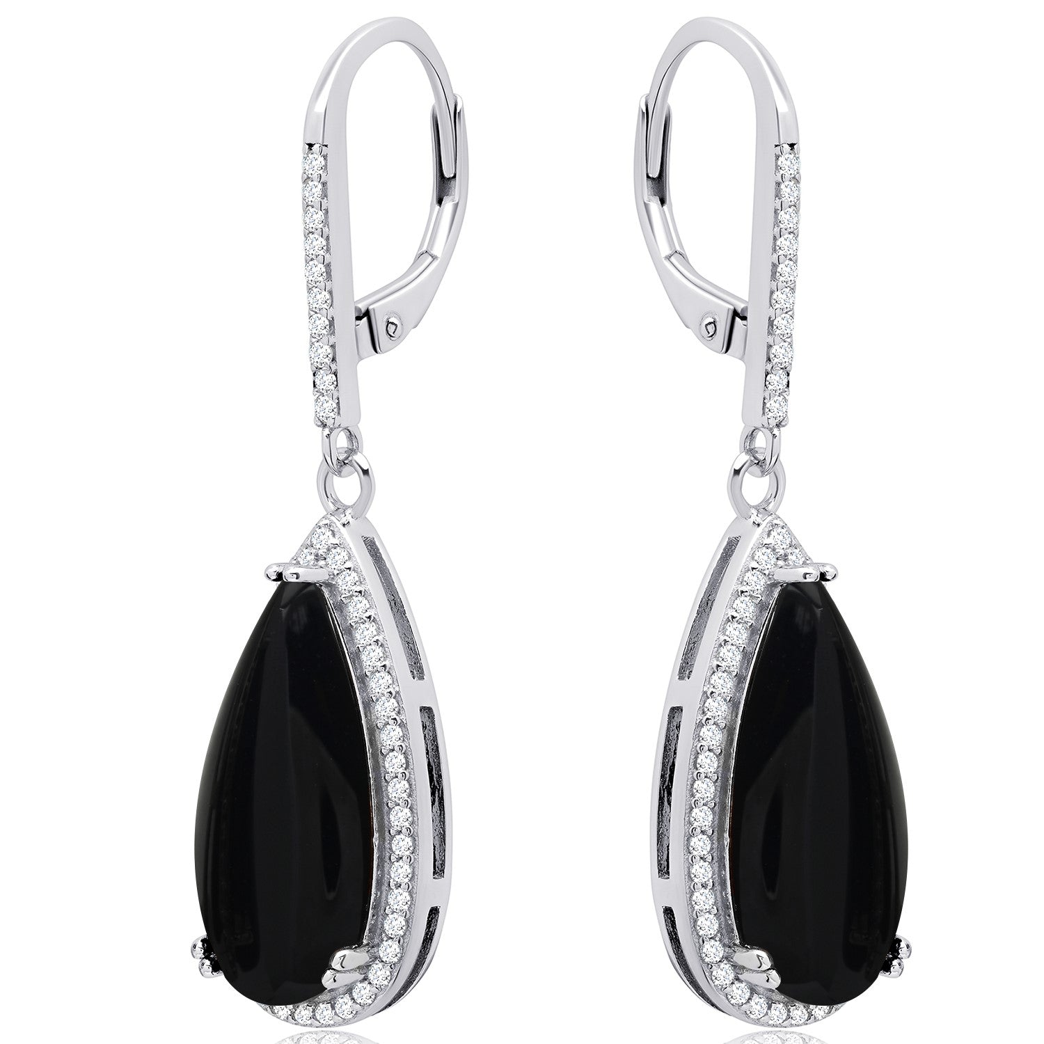 Pear Cut Gemstone Quartz and White Topaz Halo Dangle Leverback Earrings in Sterling Silver (18x8mm)