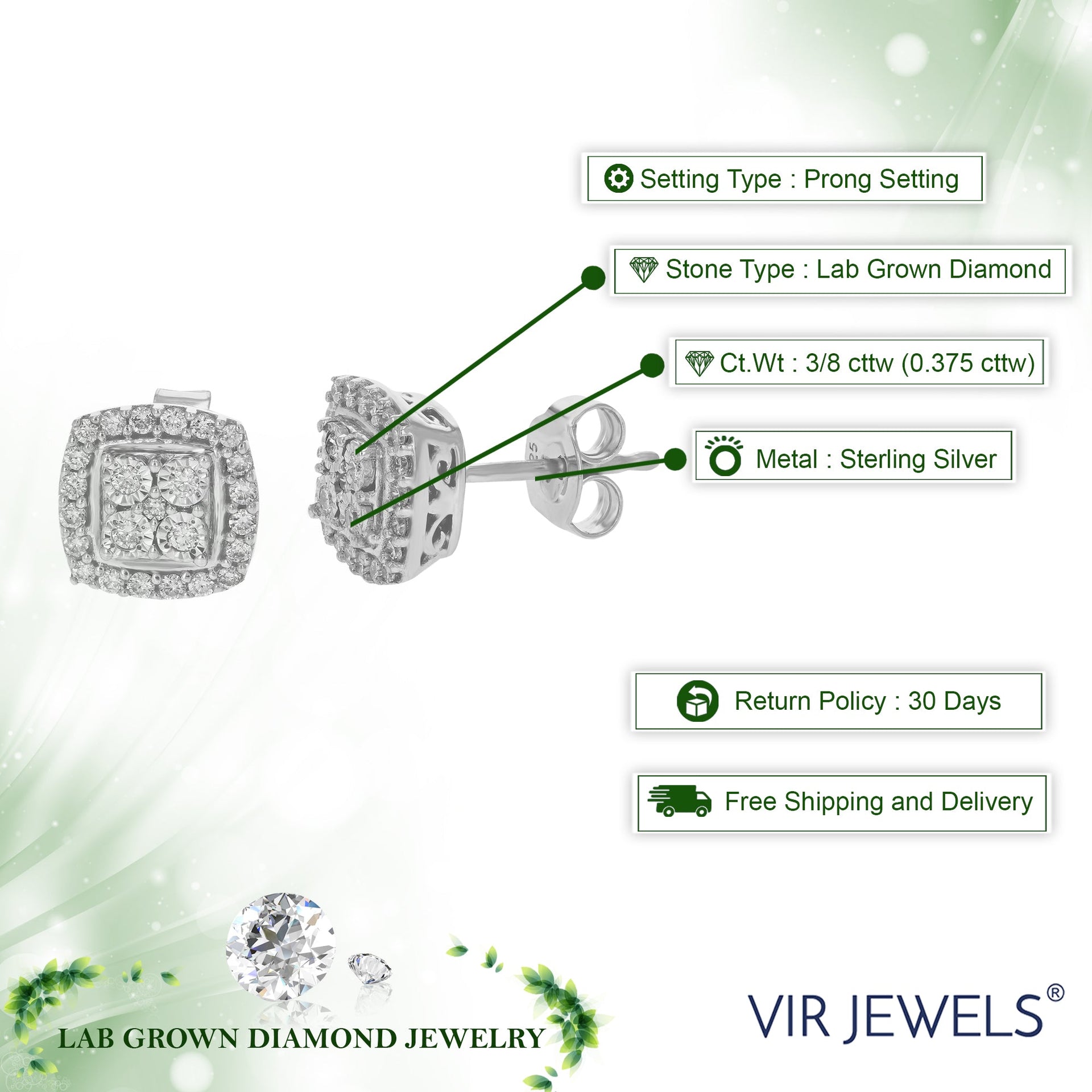 3/8 cttw Stud Earrings Round Lab Grown Diamonds Prong Set On 925 Sterling Silver