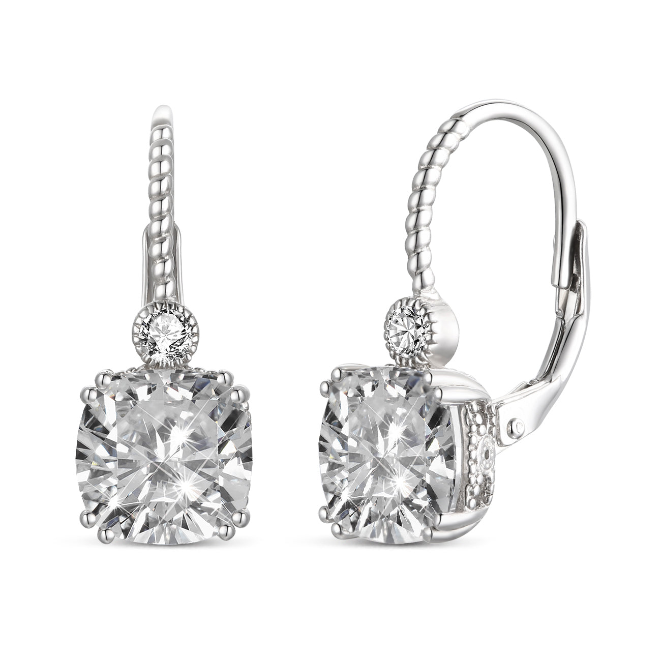 Sterling Silver White Gold Plating with Clear Cubic Zirconia Leverback Drop Earrings