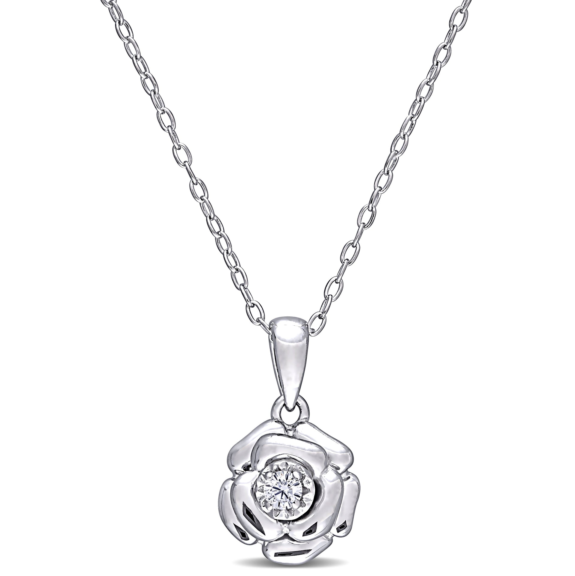 Mimi & Max Diamond Flower Pendant with Chain in Sterling Silver
