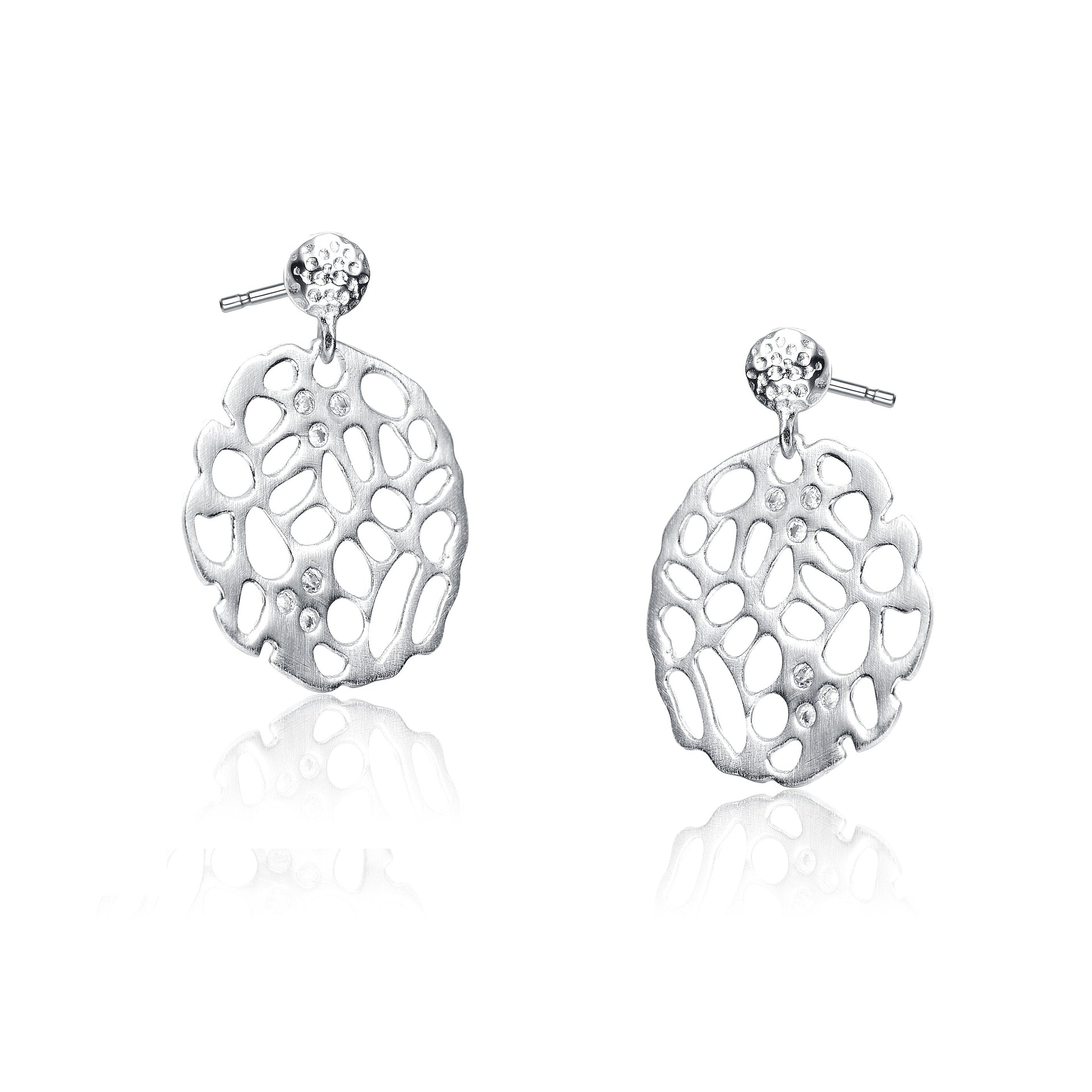 Sterling Silver Cubic Zirconia Matte Brushed Filigree Earrings