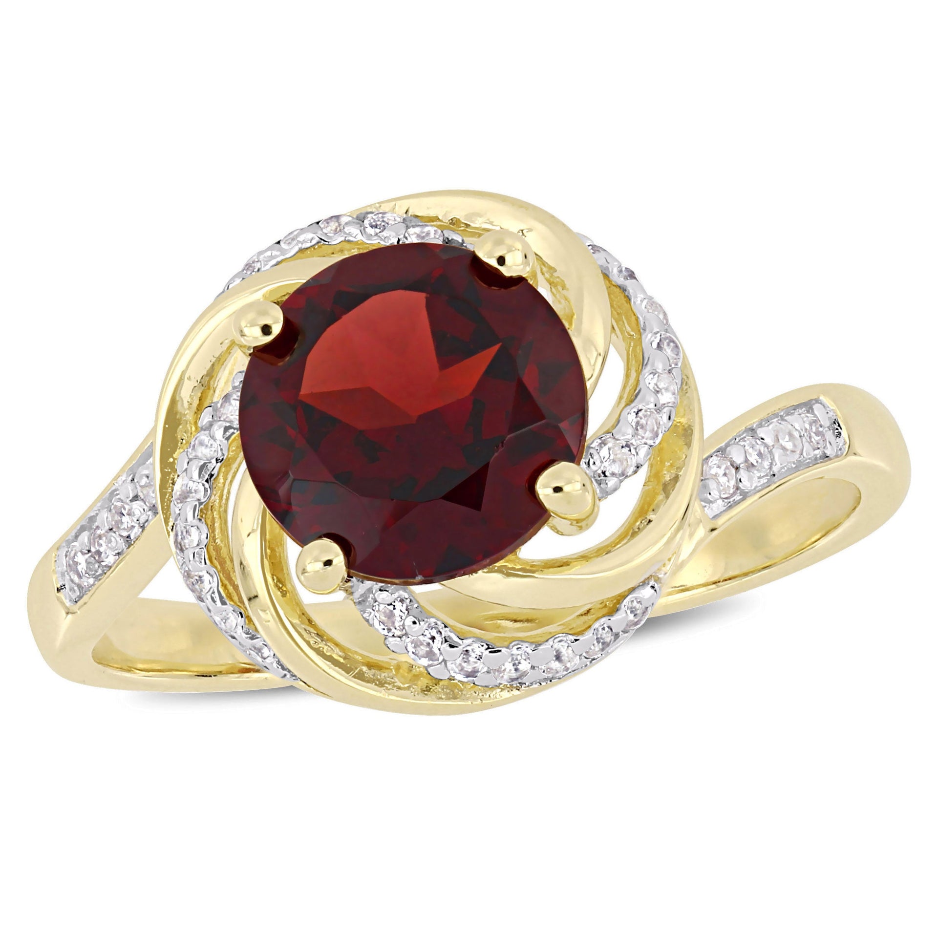 2 1/7 CT TGW Garnet White Topaz and Diamond Swirl Ring in Yellow Plated Sterling Silver