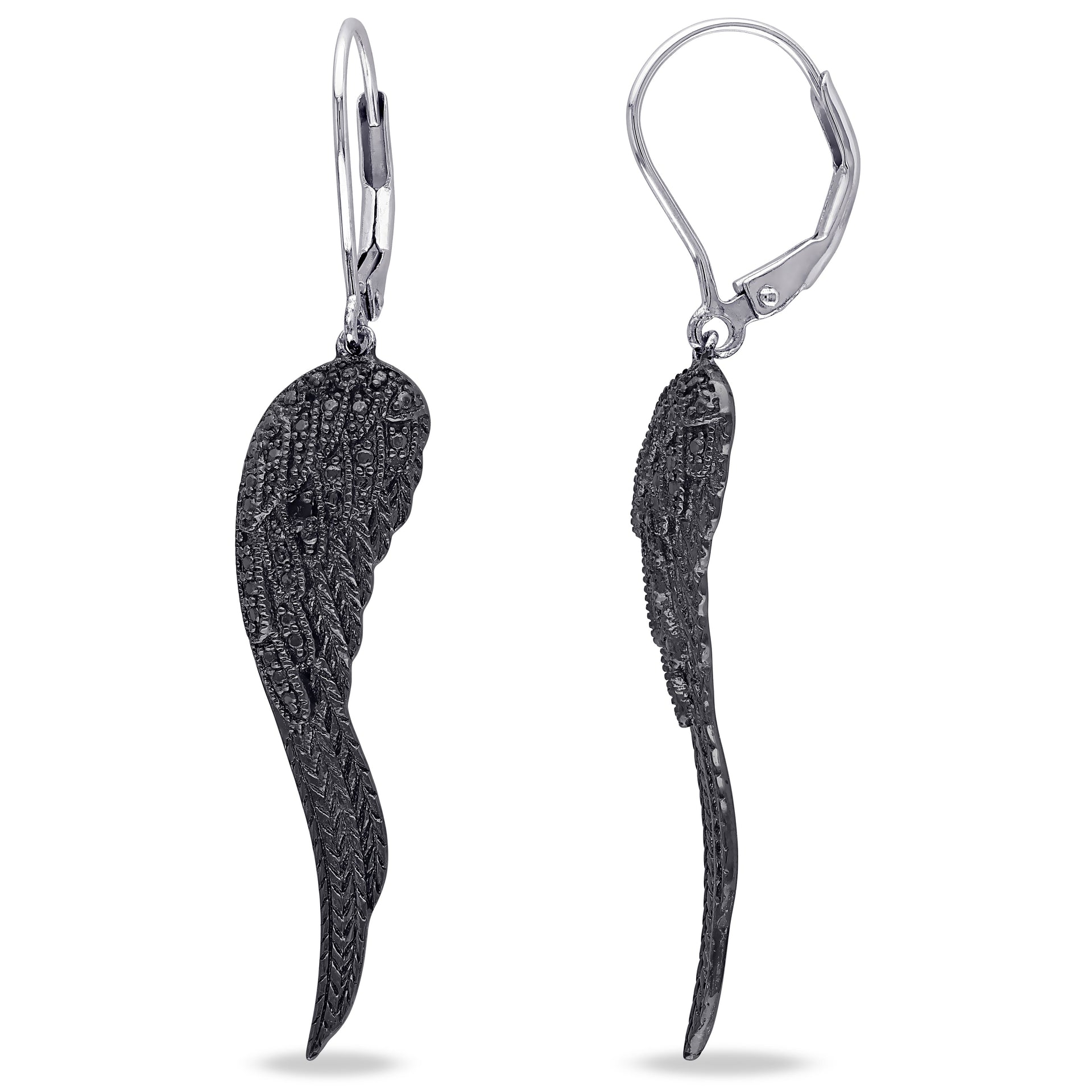 Black Diamond Leverback Wing Earrings in Sterling Silver with Black Rhodium