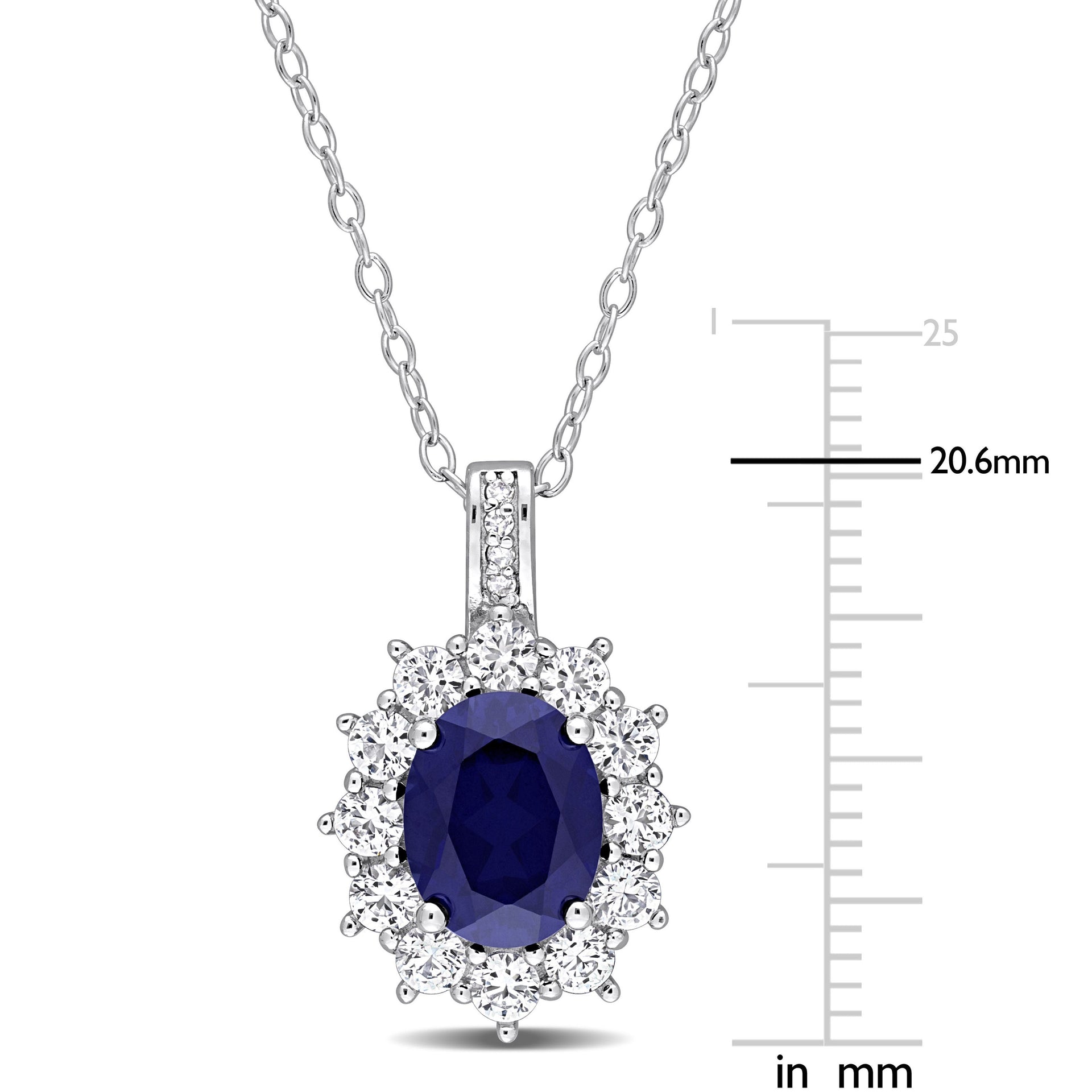 4 CT TGW Created Blue and Created White Sapphire and 0.02 CT TW Diamond Oval Halo Pendant with Chain in Sterling Silver