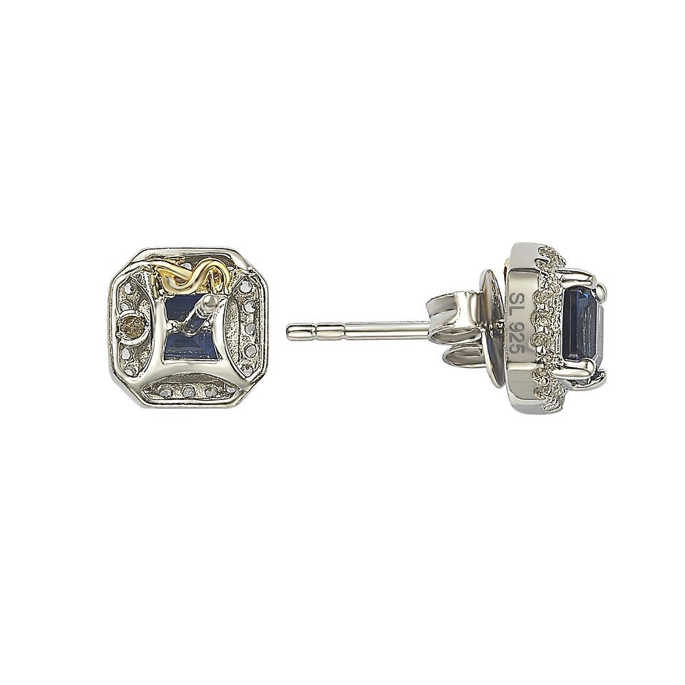 Suzy Levian Sterling Silver Assher Cut Sapphire Halo Stud Earrings