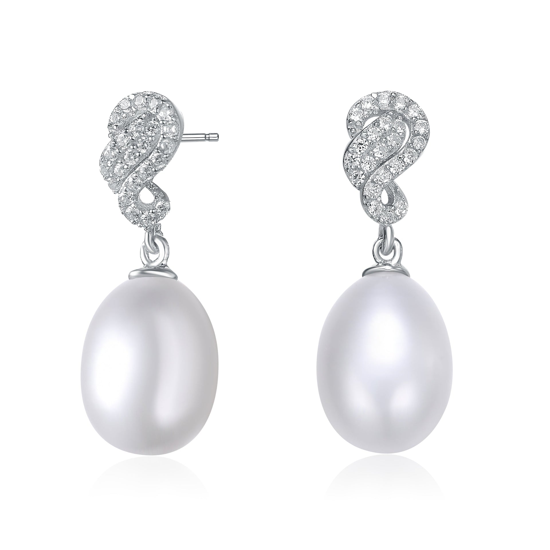 C.z. Sterling Silver Rhodium Plated Swirl Design White Pearl Drop Earrings