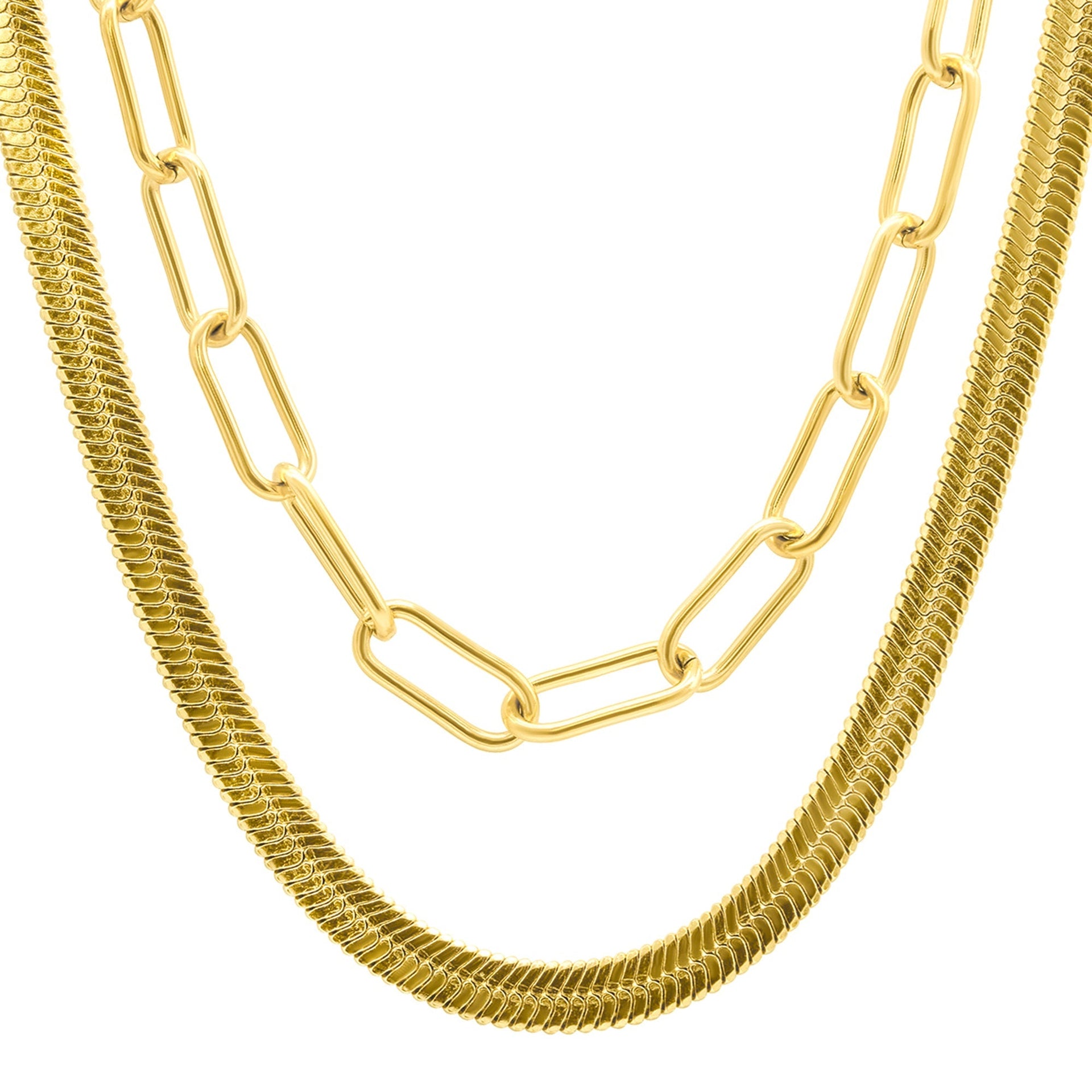 Tarnish Resistant 14K Gold Plated Set Of Herringbone And Paper Clip Necklaces