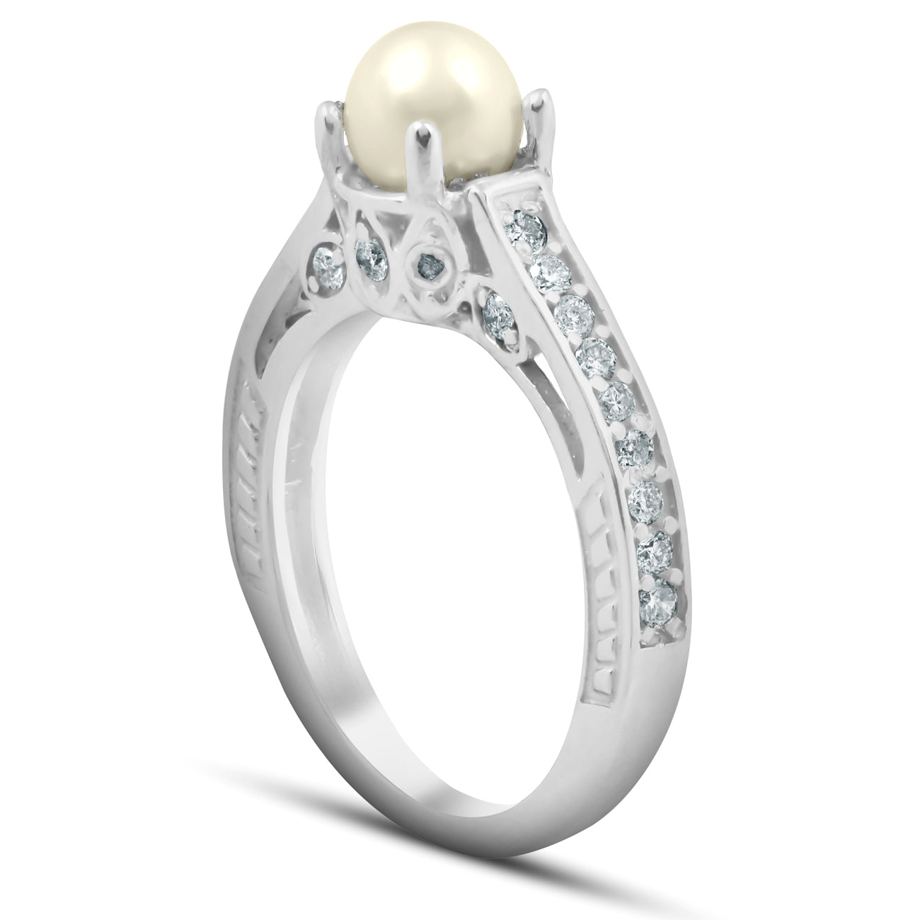 Diamond Pearl Vintage Gatsby Style Ring 14K White Gold
