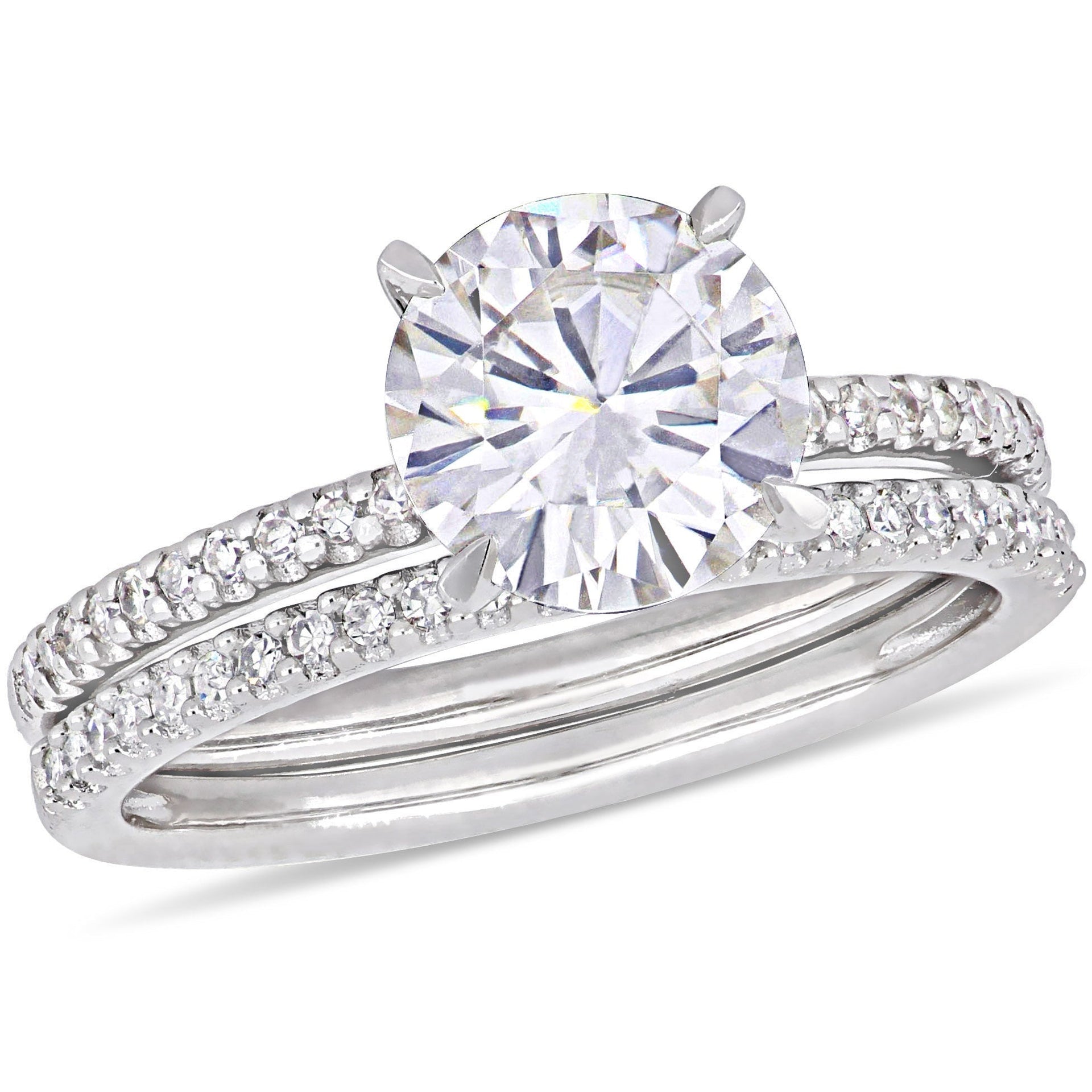 Mimi & Max 2ct DEW Created Moissanite and 1/4ct TW Diamond Bridal Set in 14k White Gold