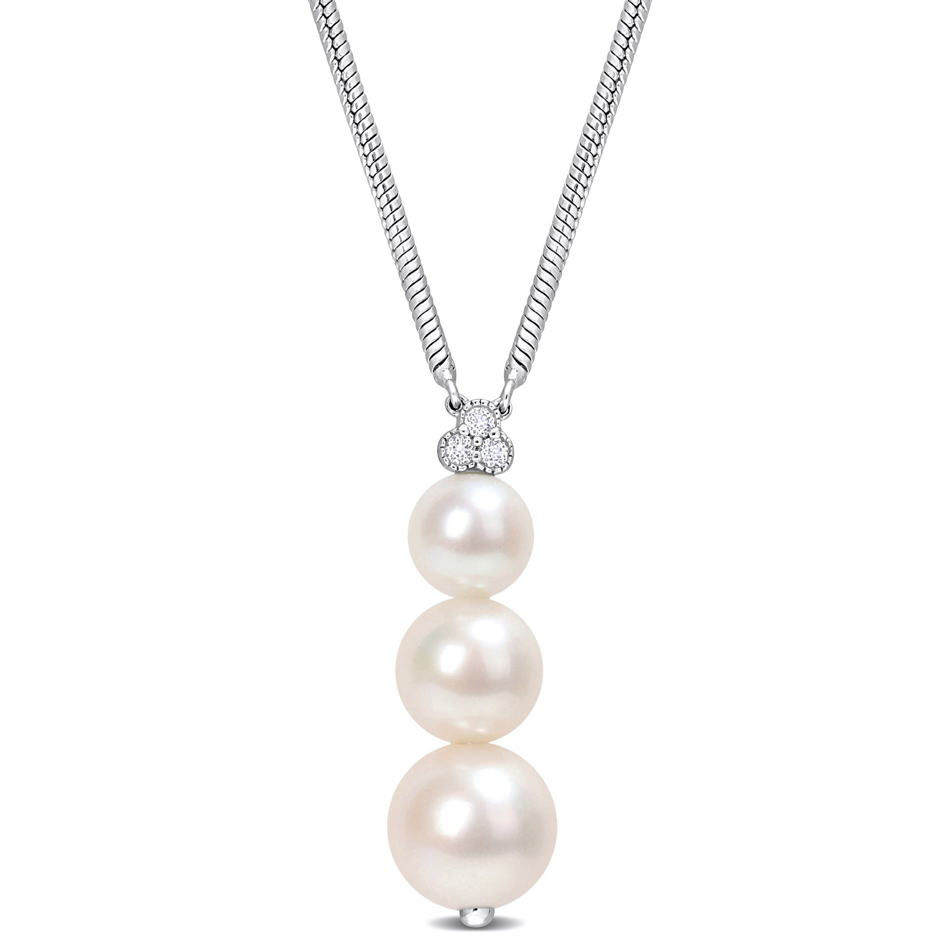 Cultured Freshwater Pearl and 1/10ct TW White Topaz Graduated Pendant with Chain in Sterling Silver