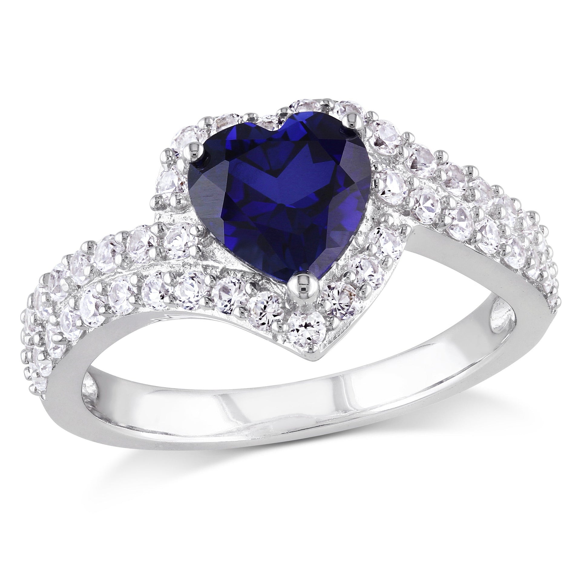 2 3/4 CT TGW Created Blue and Created White Sapphire Heart Halo Double Row Ring in Sterling Silver