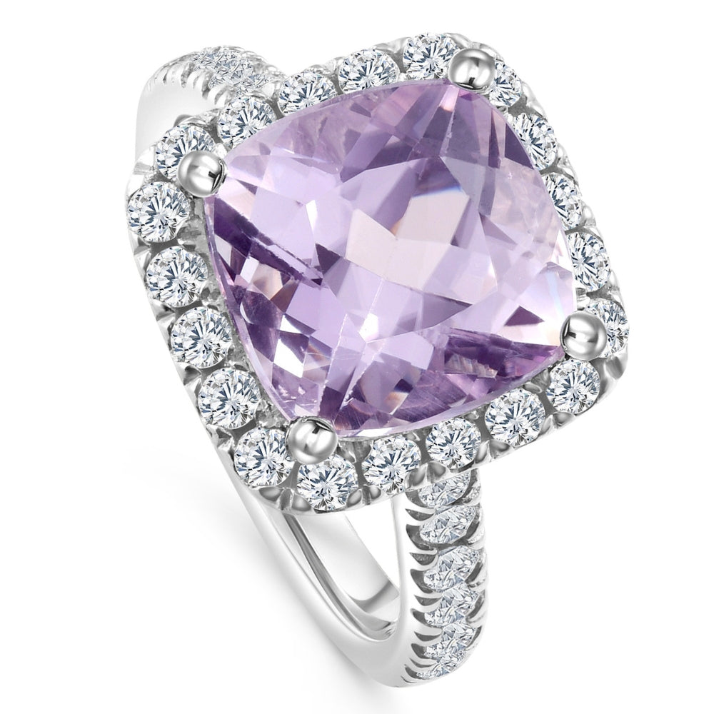 6 1/4 ct Cushion Pink Kunzite & Diamond Halo Ring 14k Gold Lab Grown