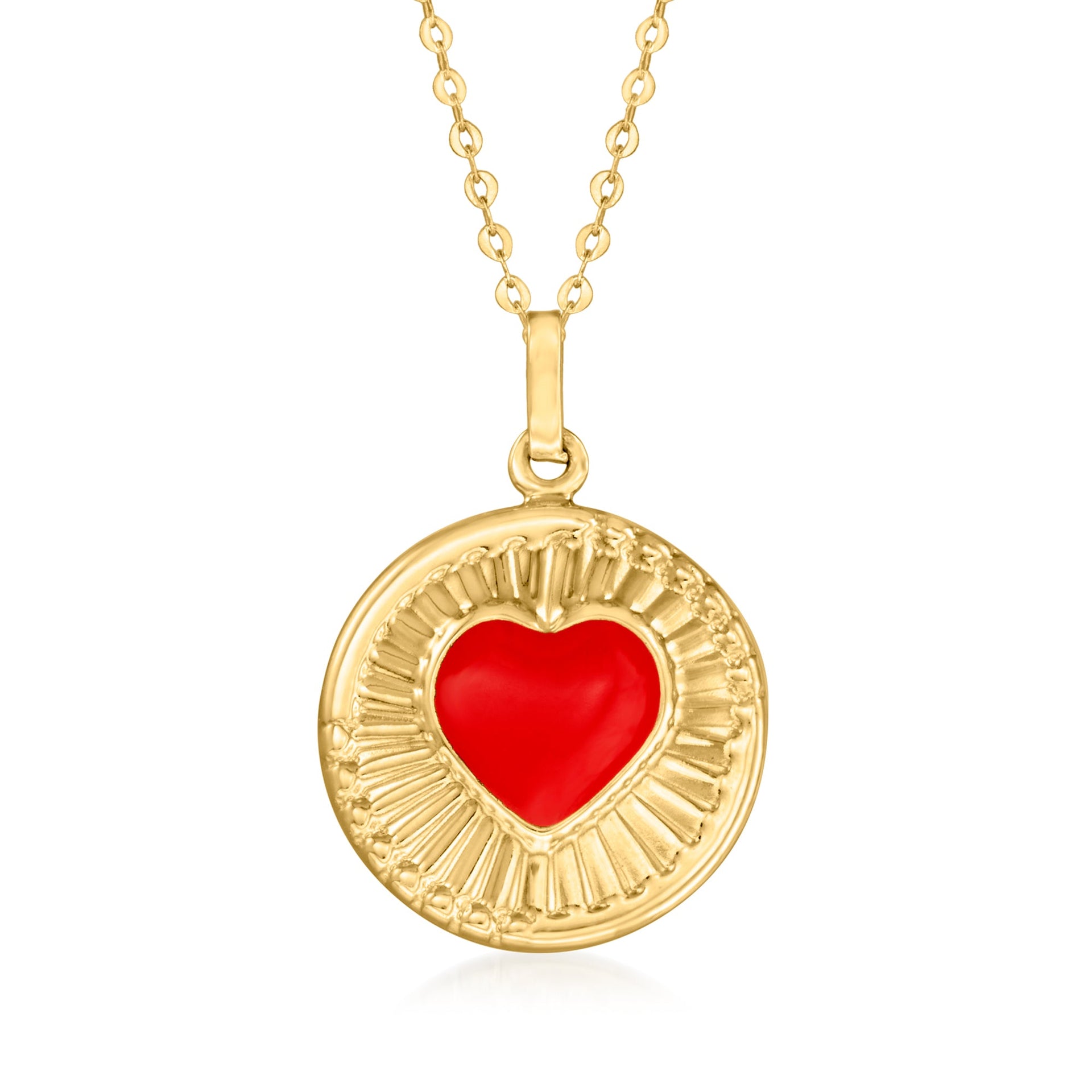 Canaria Red Enamel Heart Circle Pendant Necklace in 10kt Yellow Gold
