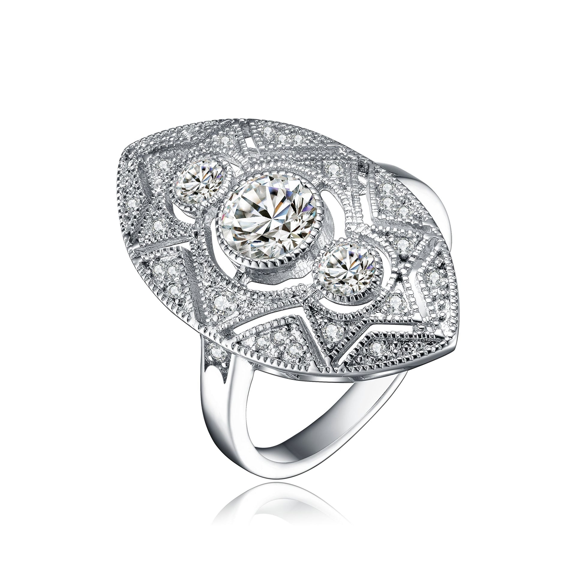 Sterling Silver Clear Round Cubic Zirconia Filigree Ring