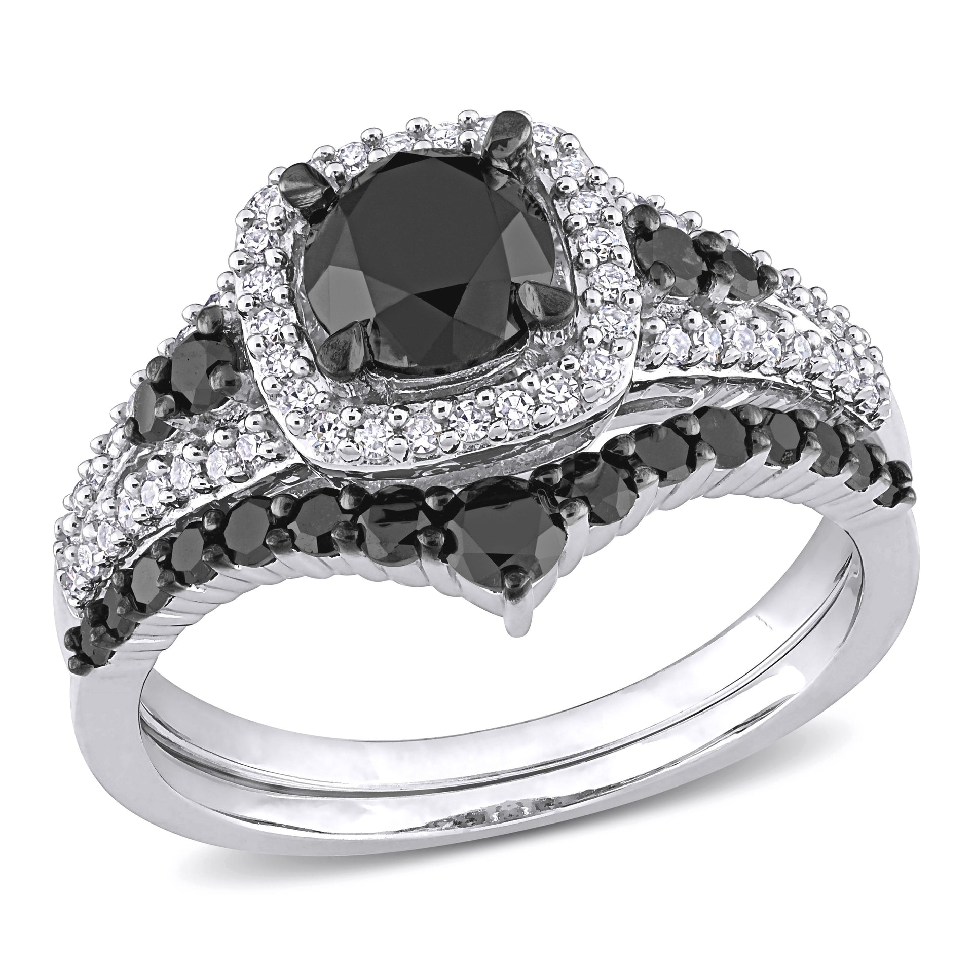 1 1/2 ct TW Black and White Diamond Bridal Ring Set in 10k White Gold
