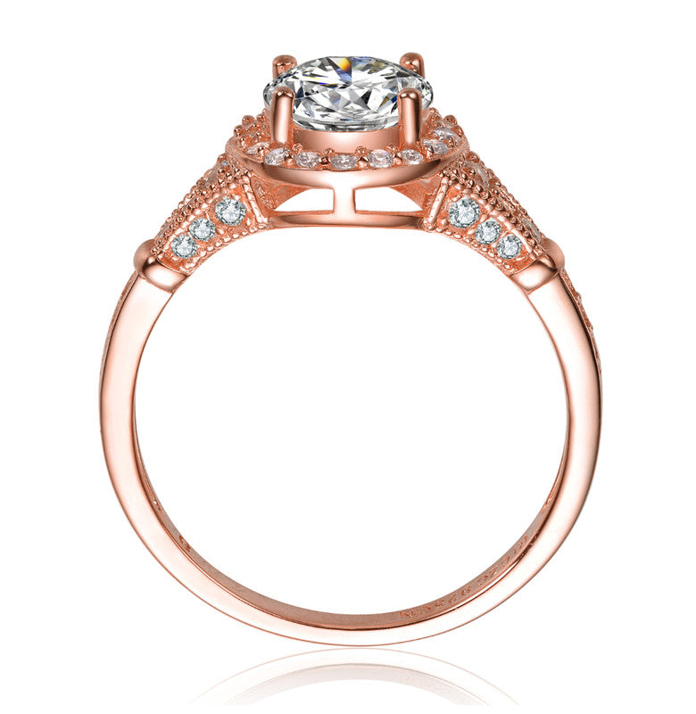 GENEVIVE Sterling Silver Rose Gold Plated Cubic Zirconia Halo Engagement Ring
