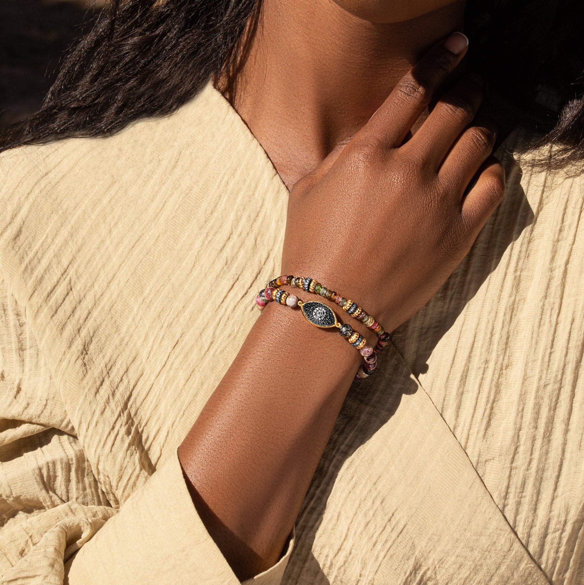 Guided by Peace - Tourmaline Evil Eye Charm Bracelet