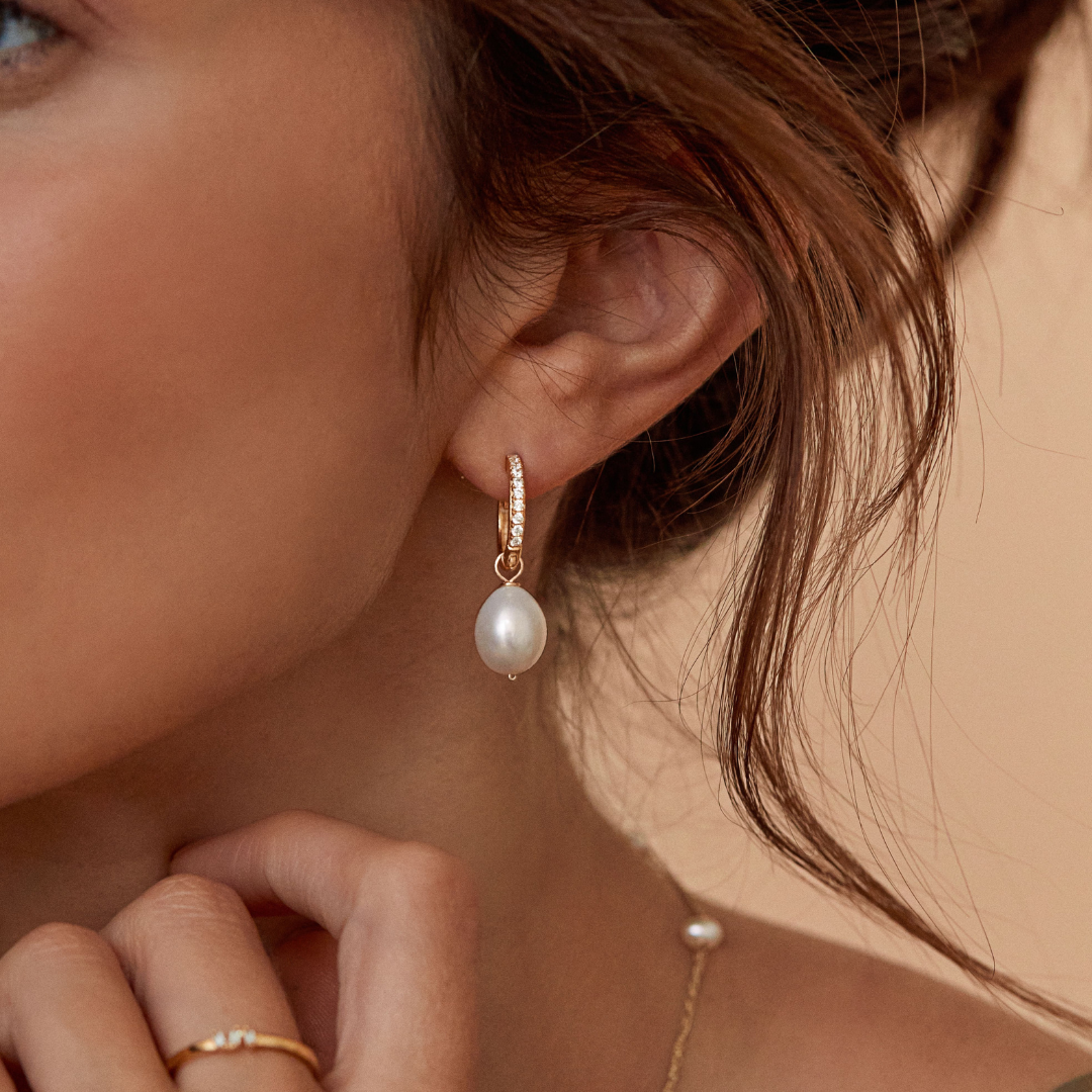 Gold Diamond Style Large Pearl Drop Hoop Earrings