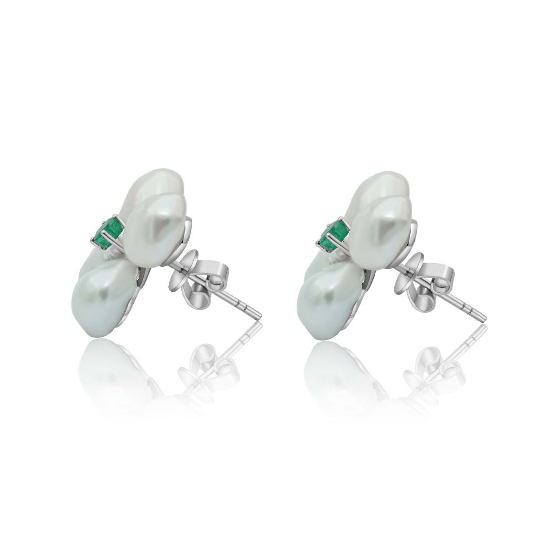 Gold Green Emerald Pearl Flower Earrings