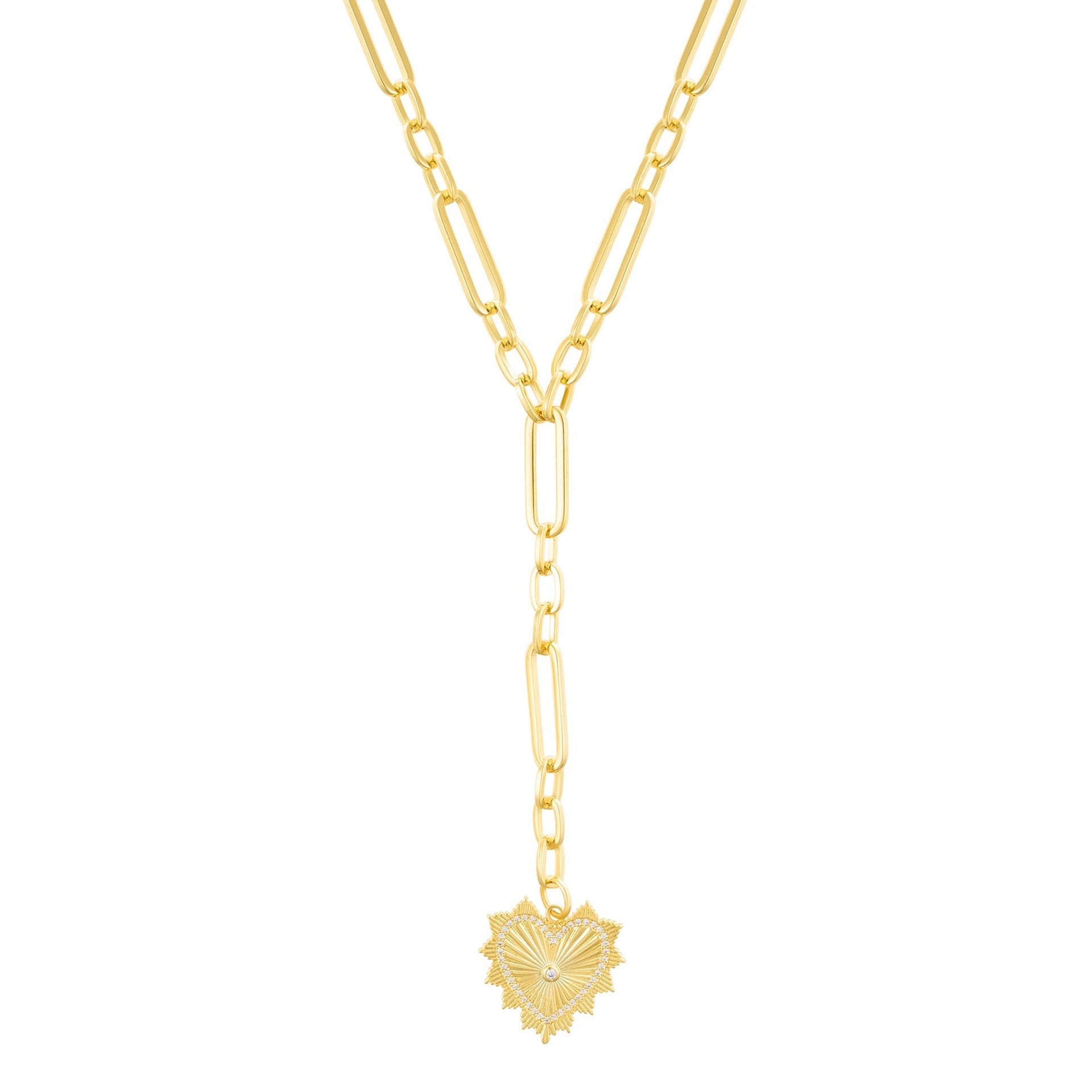 14k Gold Plated CZ Jagged Heart Mixed Link Y-Necklace