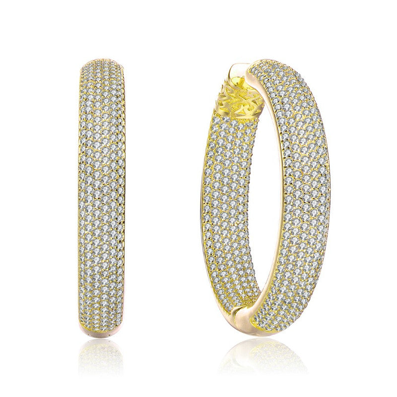 Sterling Silver with Clear Cubic Zirconia 10-Row French Pave Inside Out Large Tubular Hoop Earrings