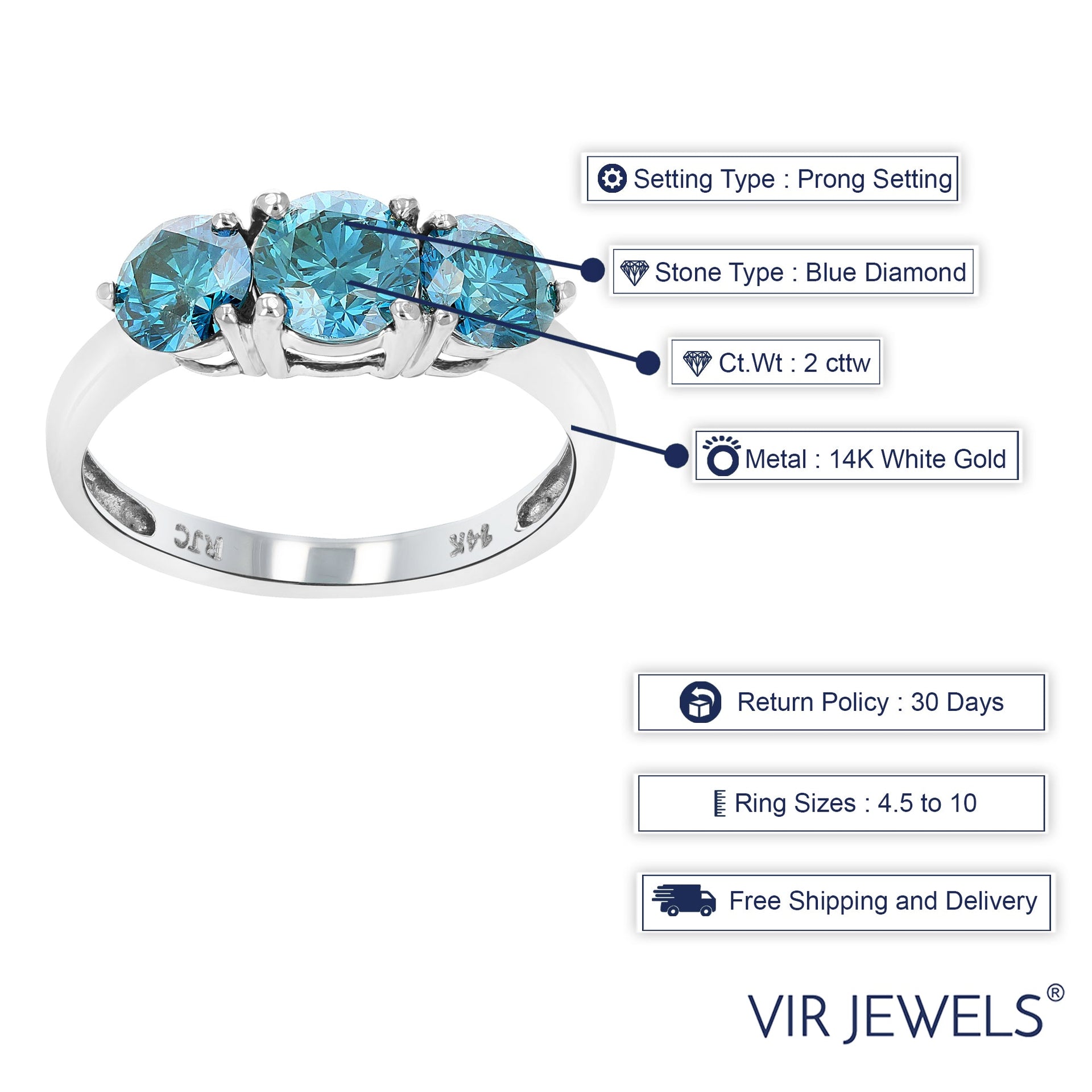 2 cttw 3 Stone Round Blue Diamond Engagement Ring 14K White Gold Bridal Wedding