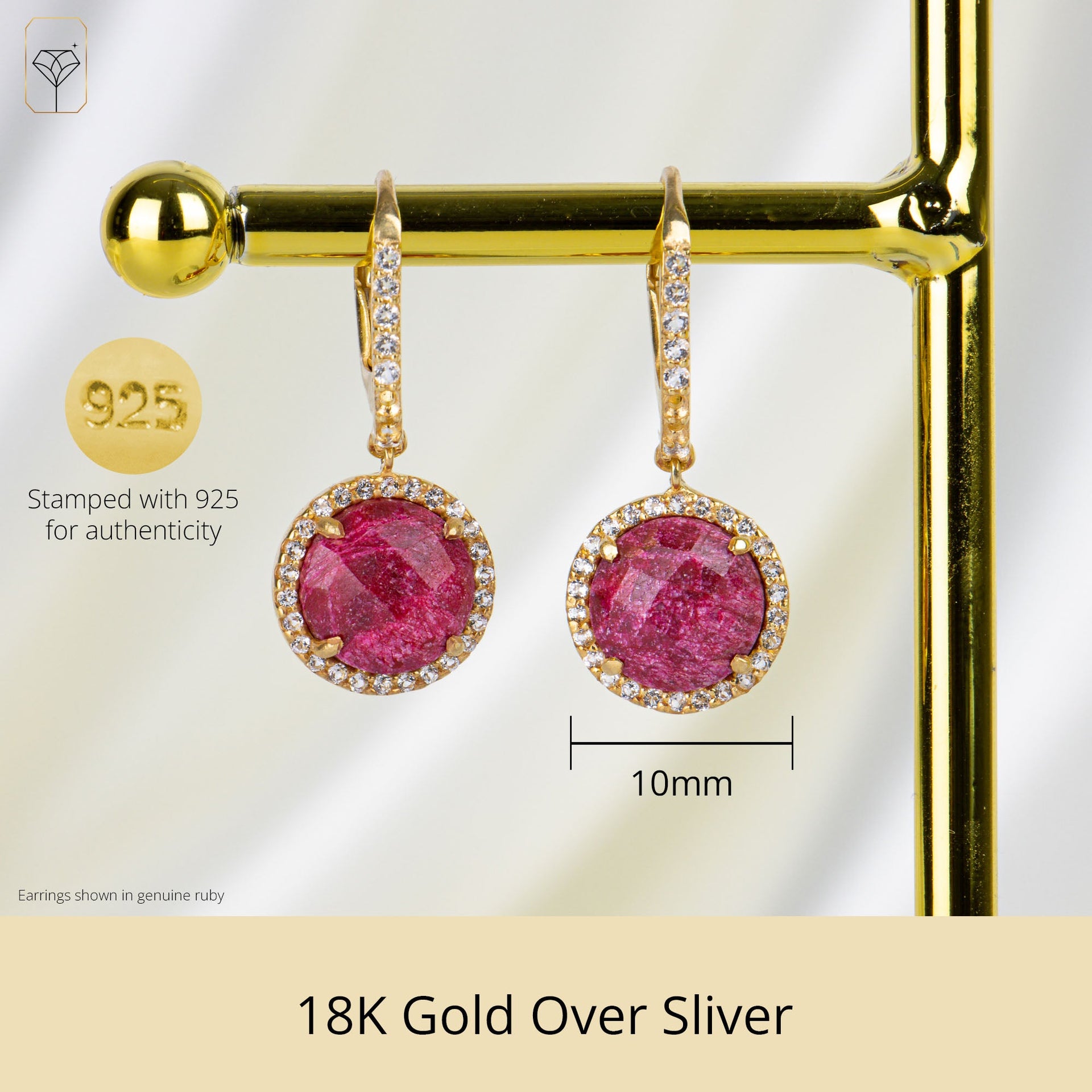 18K Gold Plated Genuine Emerald Round Cut Dangle Drop Earrings With White Topaz Accents