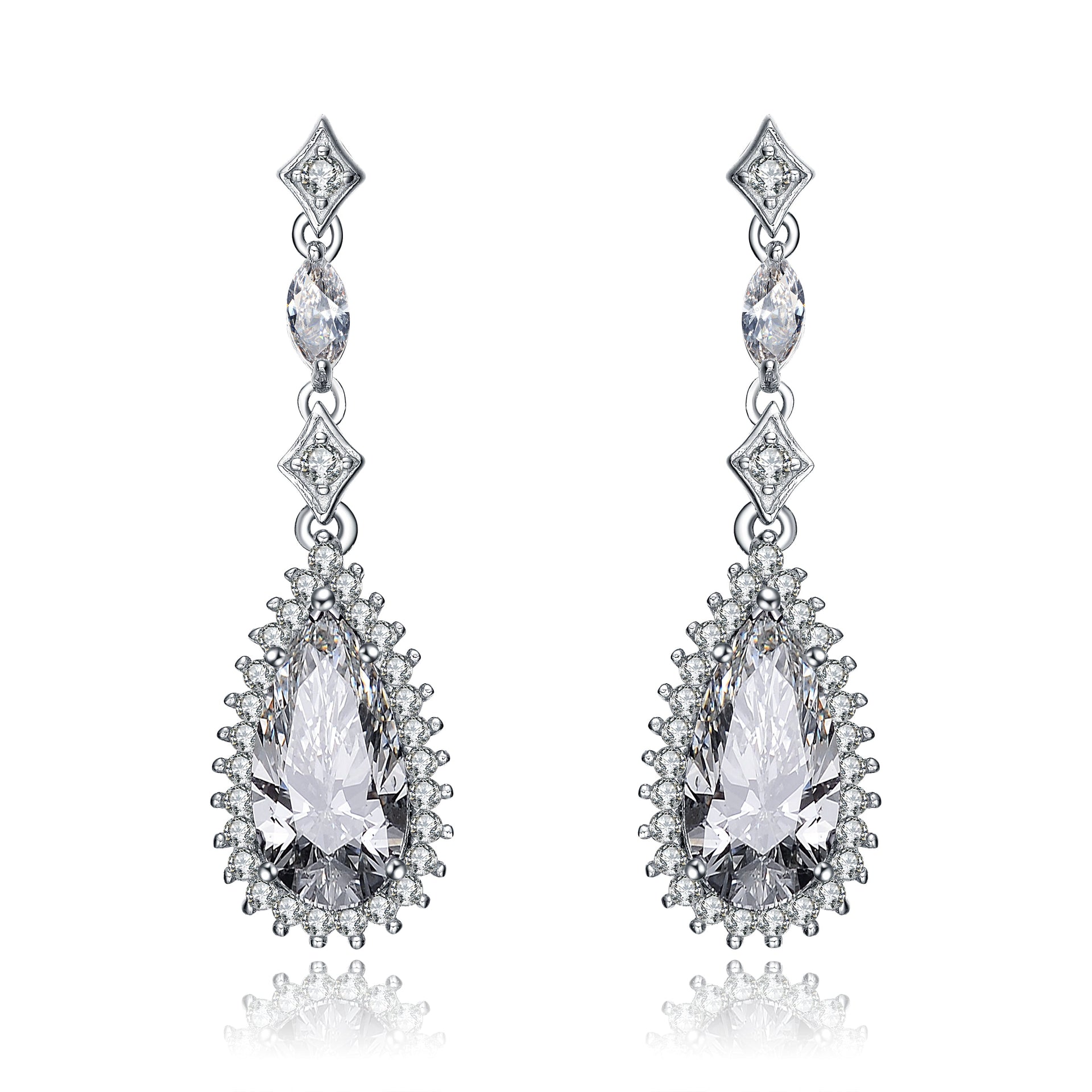 Sterling Silver Pear Drop Cubic Zirconia With Halo Burst Earrings