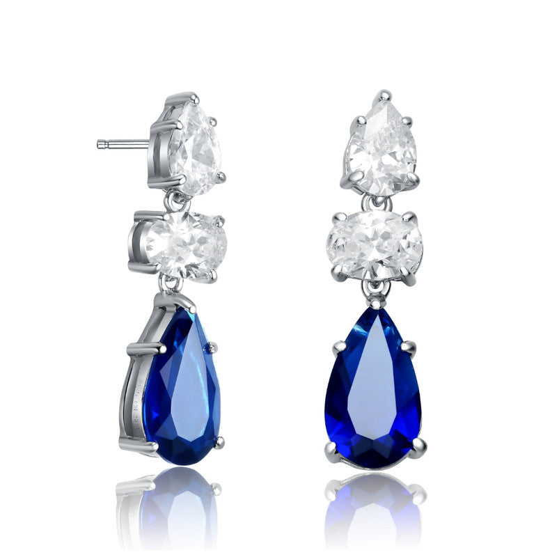 Sterling Silver Rhodium Plated With Blue Pear And Clear Oval Cubic Zirconia Drop Earrings