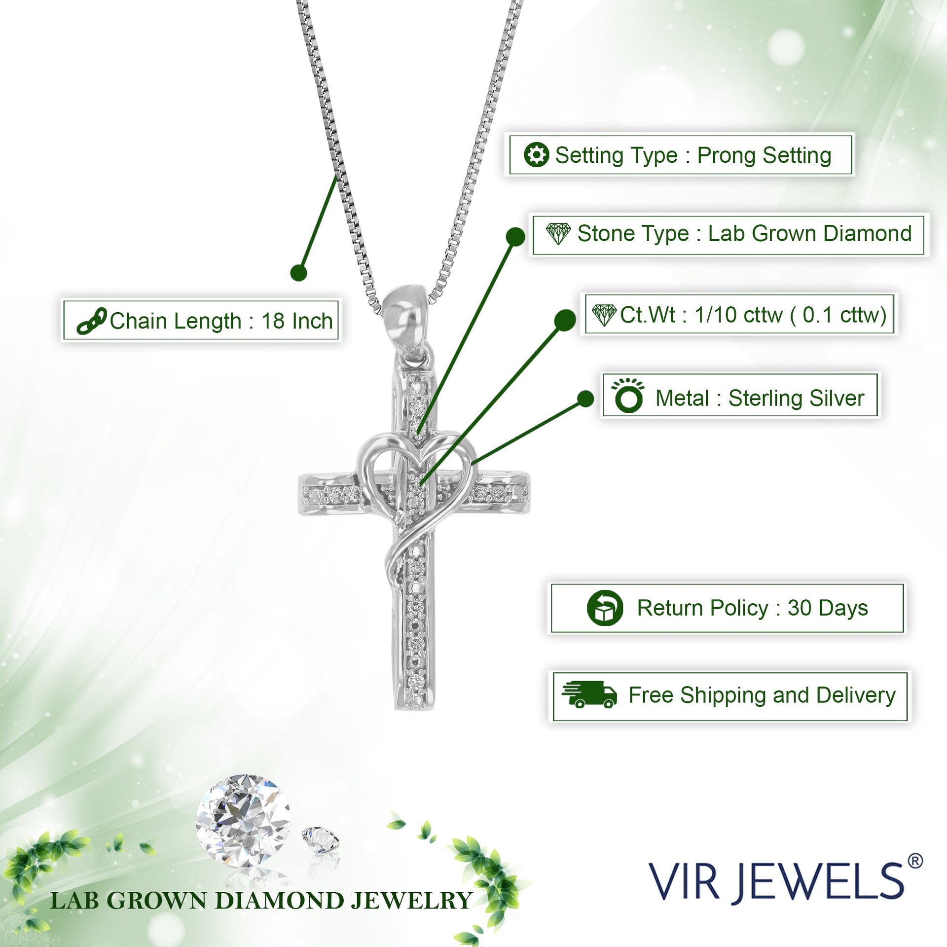 1/10 cttw Lab Grown Diamond Cross And Heart Pendant Necklace .925 Sterling Silver 2/3 Inch With 18 Inch Chain