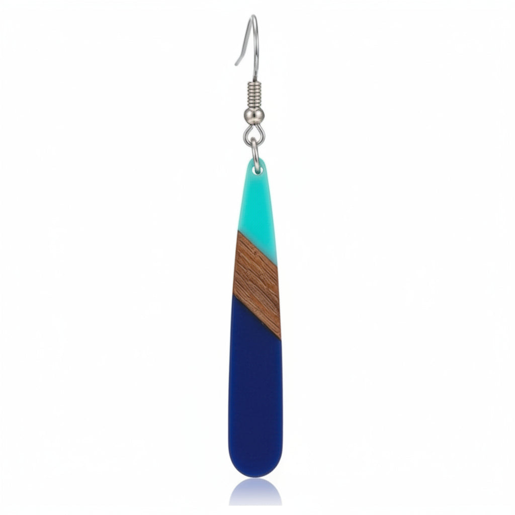 Mint Green & Navy Resin Wood Silvertone Color-Block Teardrop Hook Earrings