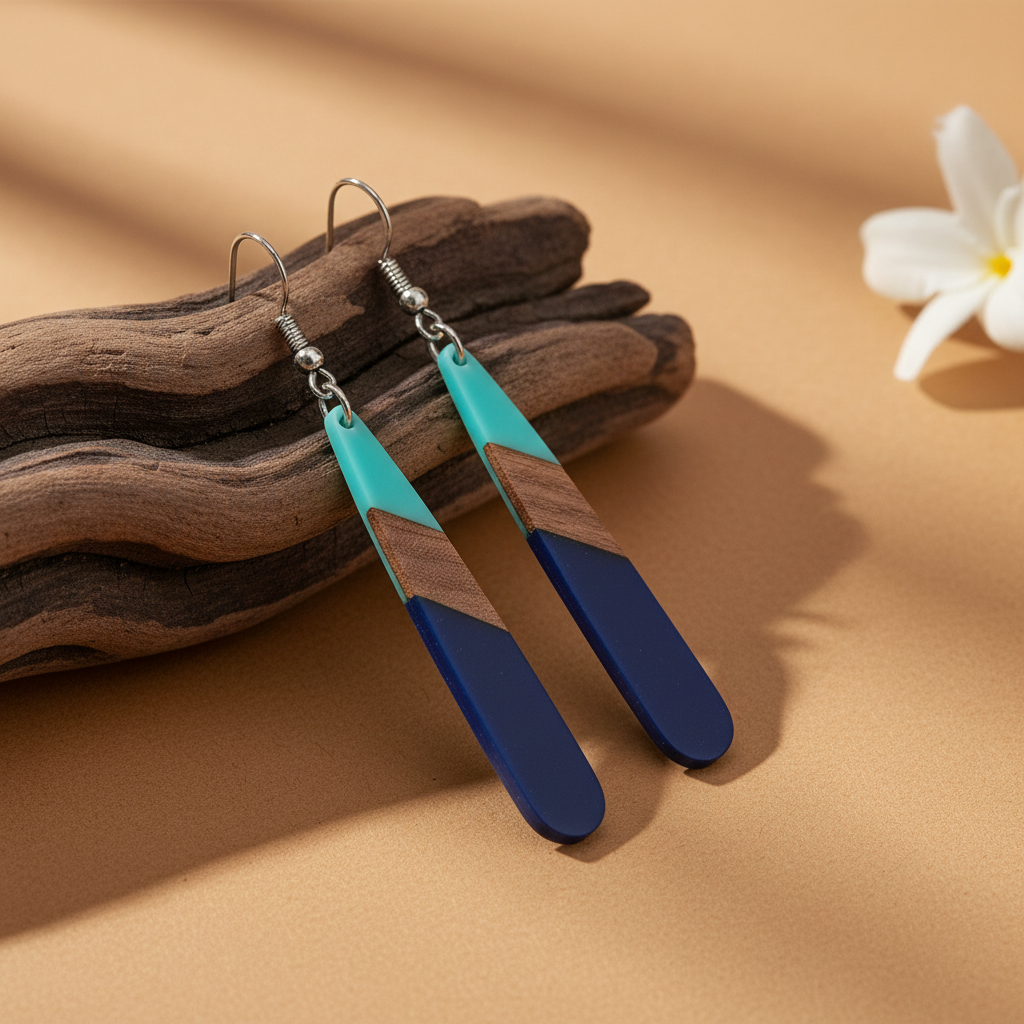 Mint Green & Navy Resin Wood Silvertone Color-Block Teardrop Hook Earrings