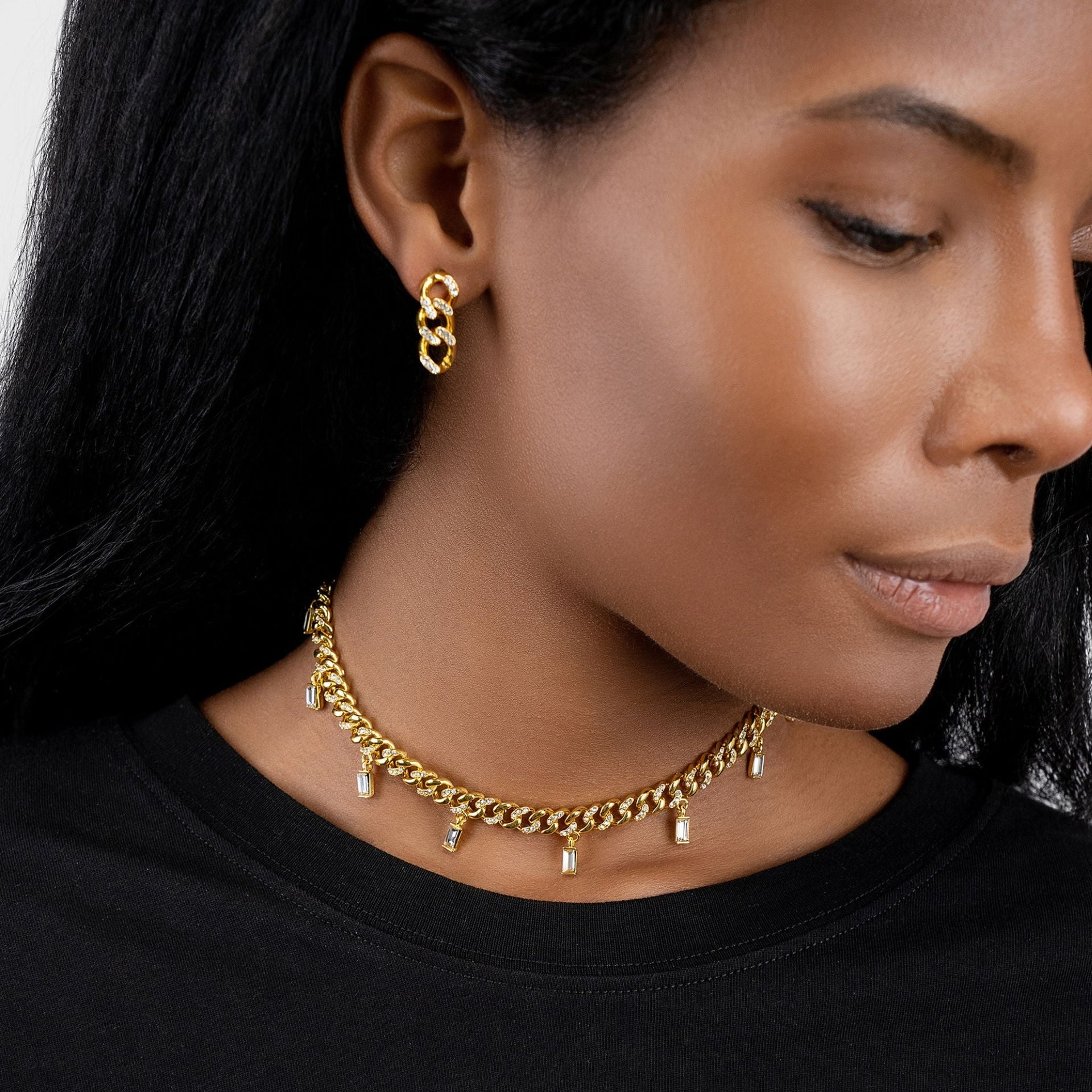 Curb Chain Baguette Dangle Adjustable Choker Necklace gold