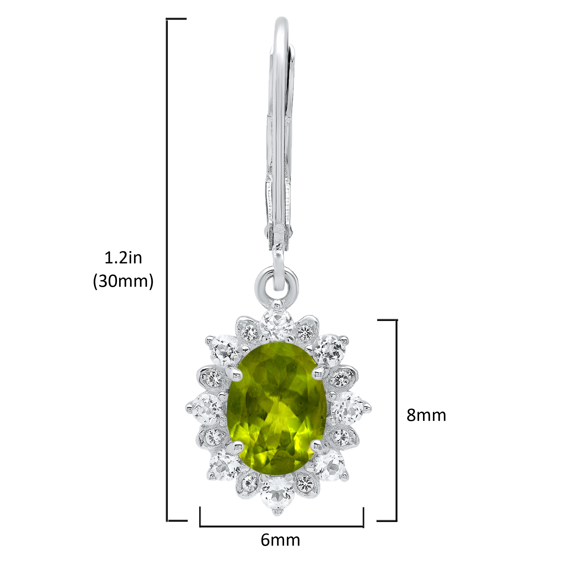 Sterling Silver Halo Sunburst Oval Peridot Leverback Earrings (8x6mm)