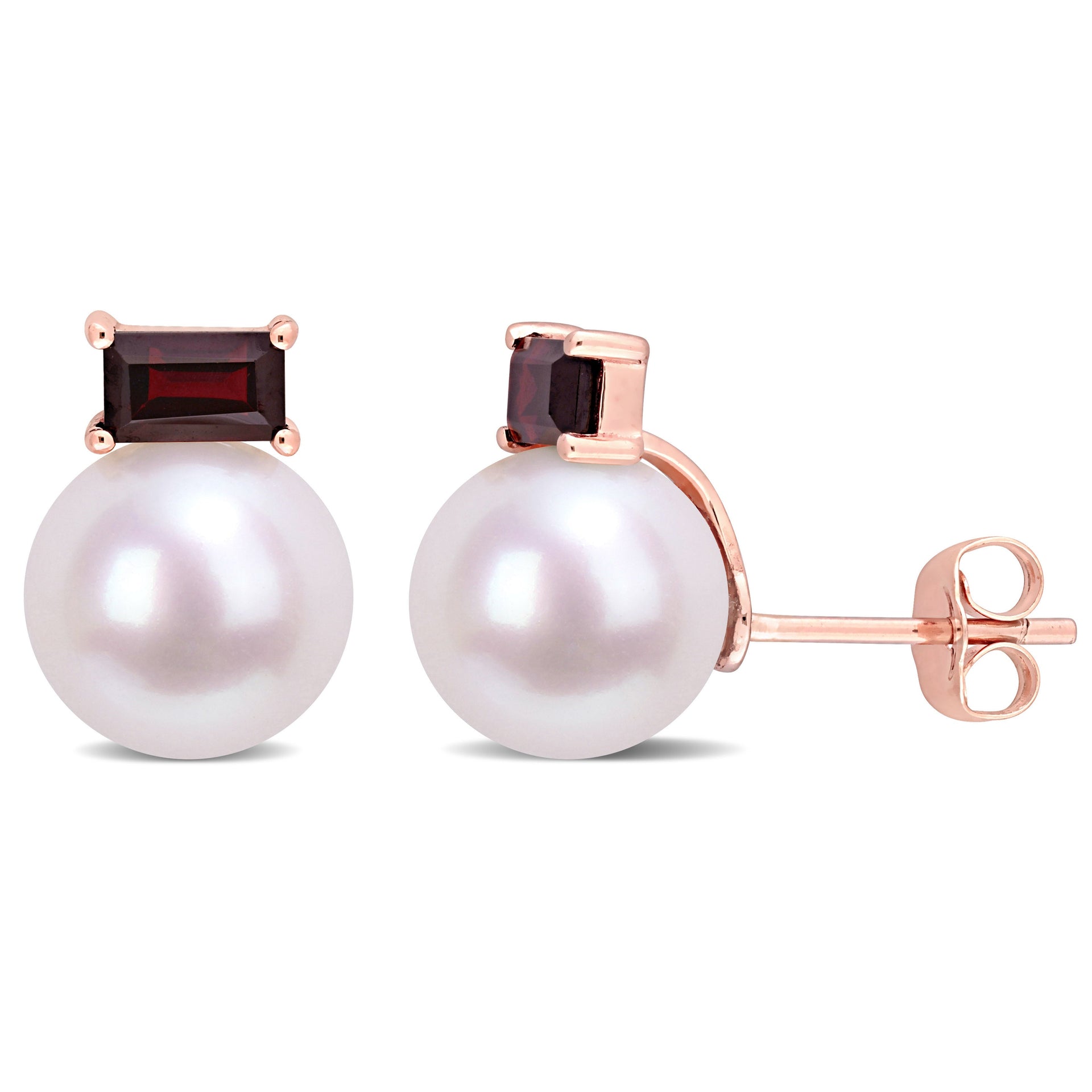9-9.5mm Cultured Freshwater Pearl and 4/5 CT TGW Garnet Stud Earrings in 10k Rose Gold