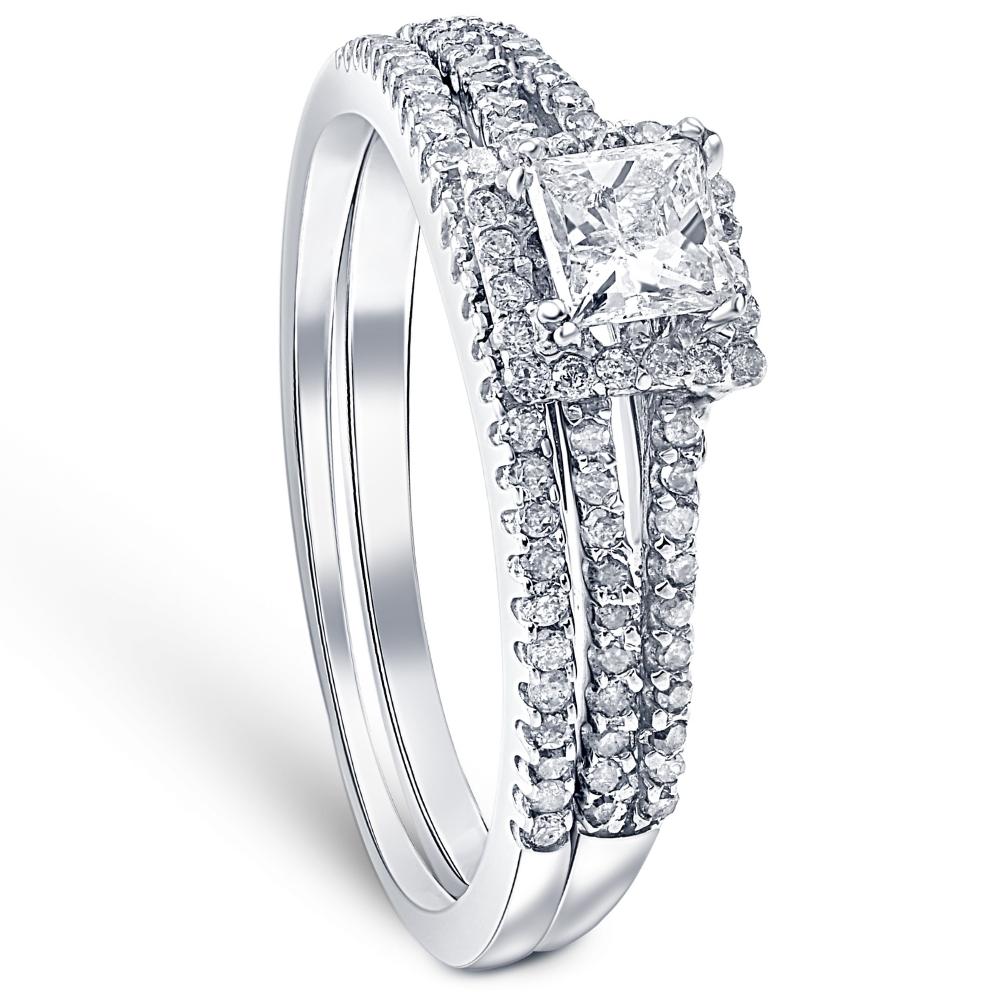 3/4ct Princess Cut Split Shank Engagement Ring Set 14K White Gold