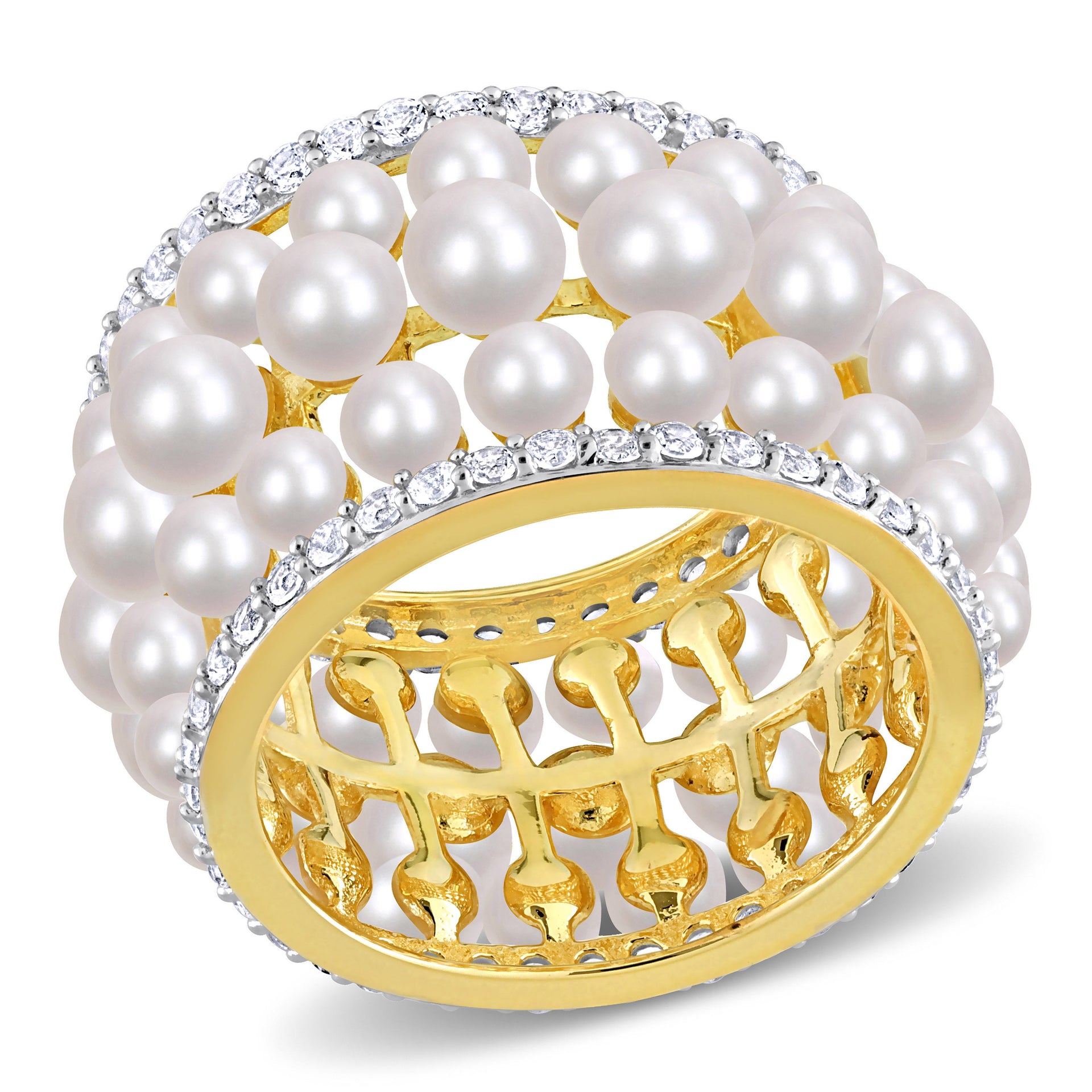 Cultured Freshwater Pearl and 1 3/5ct TW Created White Sapphire Triple Row Ring in Yellow Silver