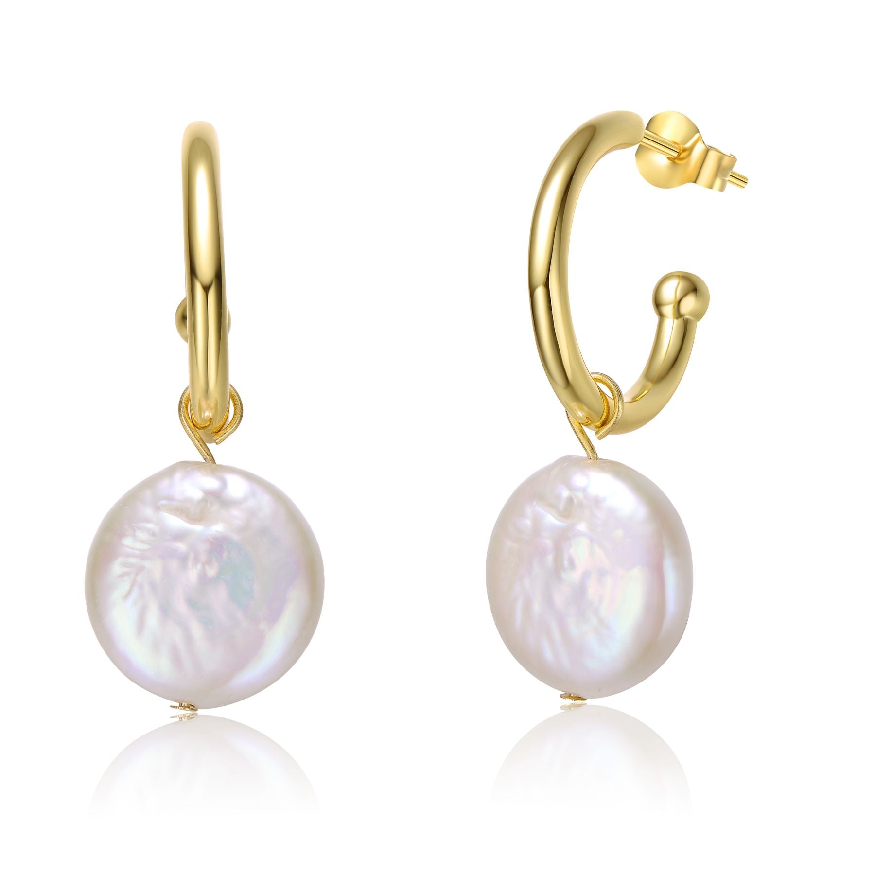 Sterling Silver 14k Yellow Gold Plated with White Coin Pearl Dangle Drop Marquise Medallion Earrings