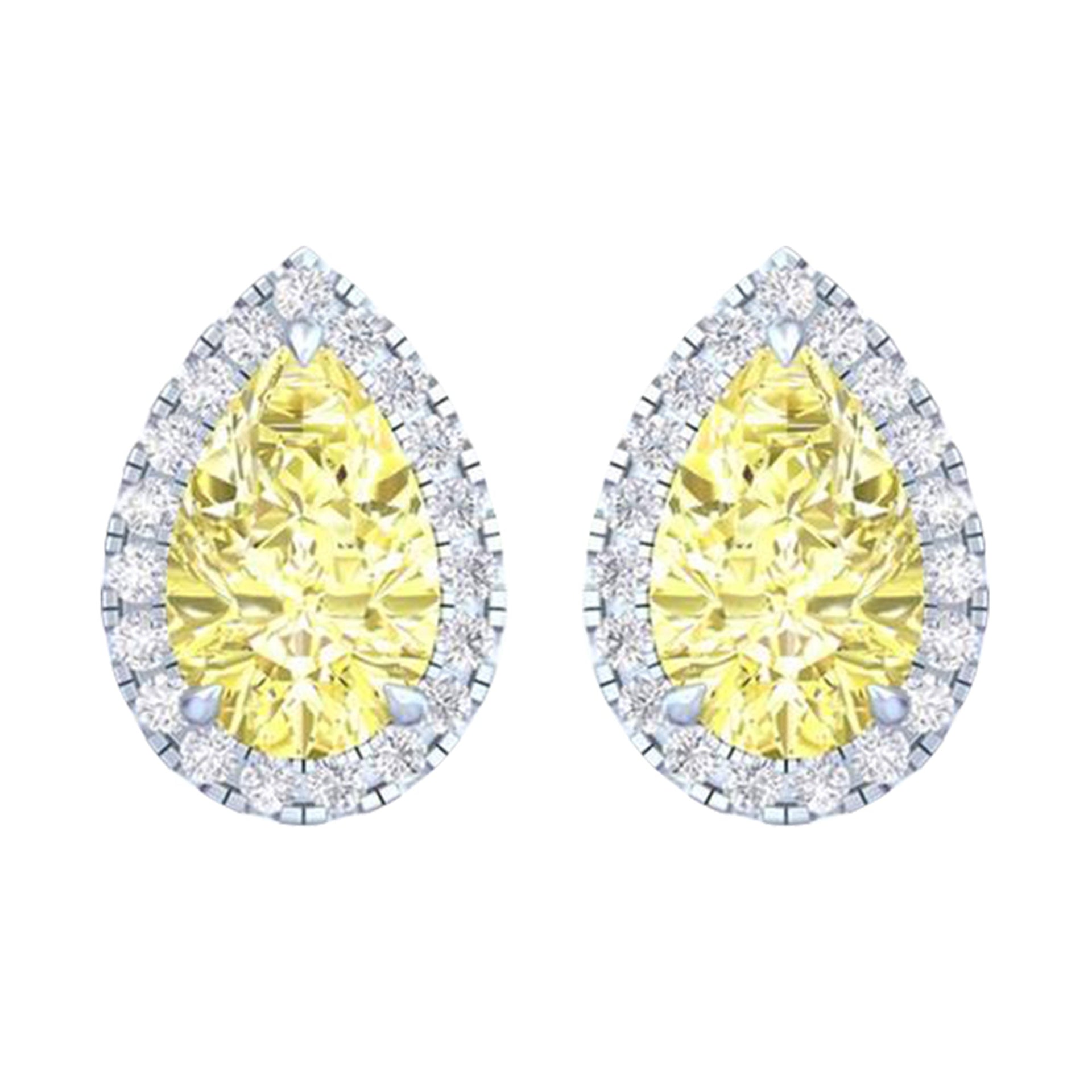 14k White Gold Vivid Yellow Pear Cut 3.50 CT Lab-grown Diamond Halo Stud Earrings