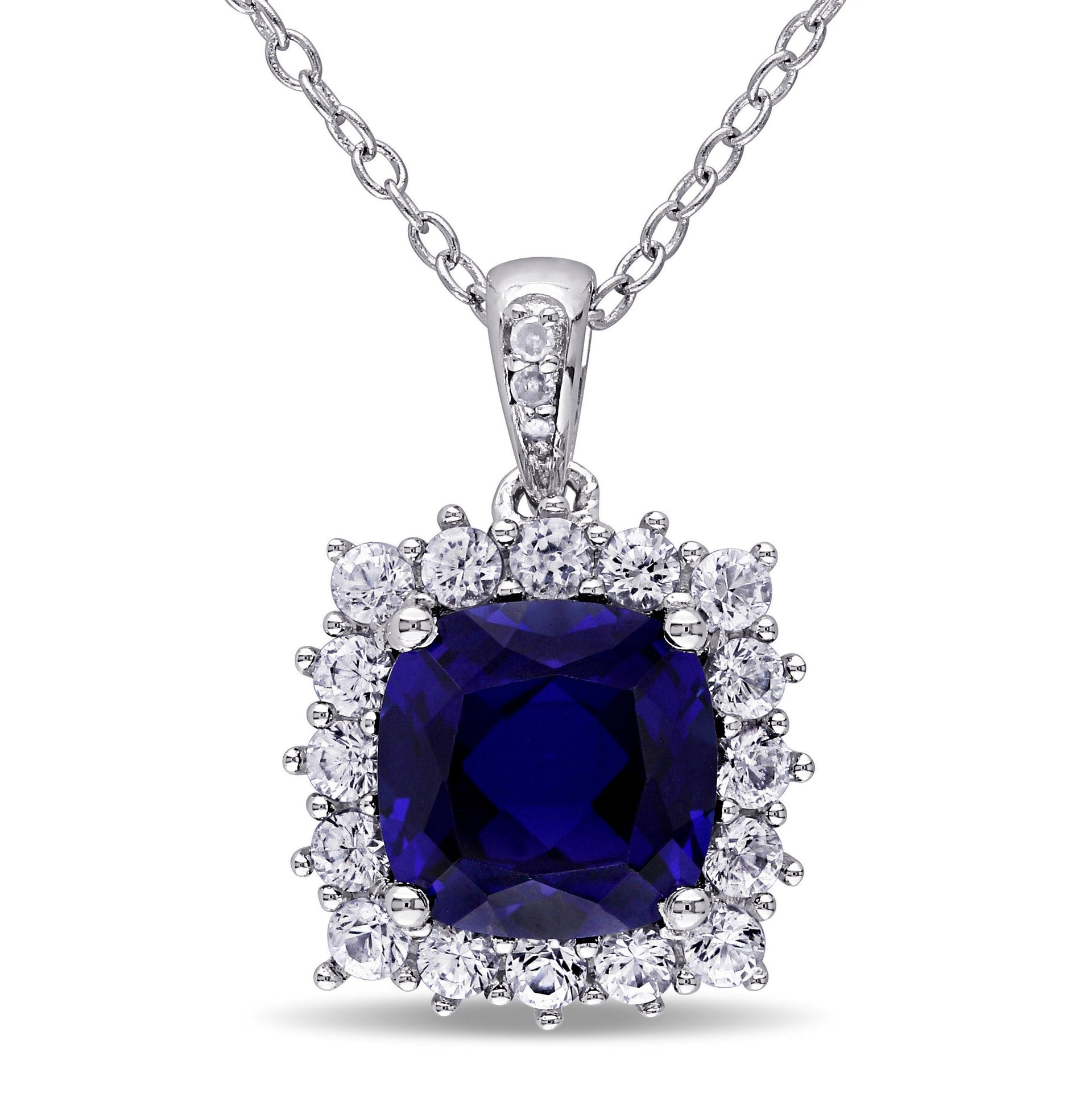 3 3/5 CT TGW Created Blue and Created White Sapphire and Diamond Halo Pendant with Chain in Sterling Silver