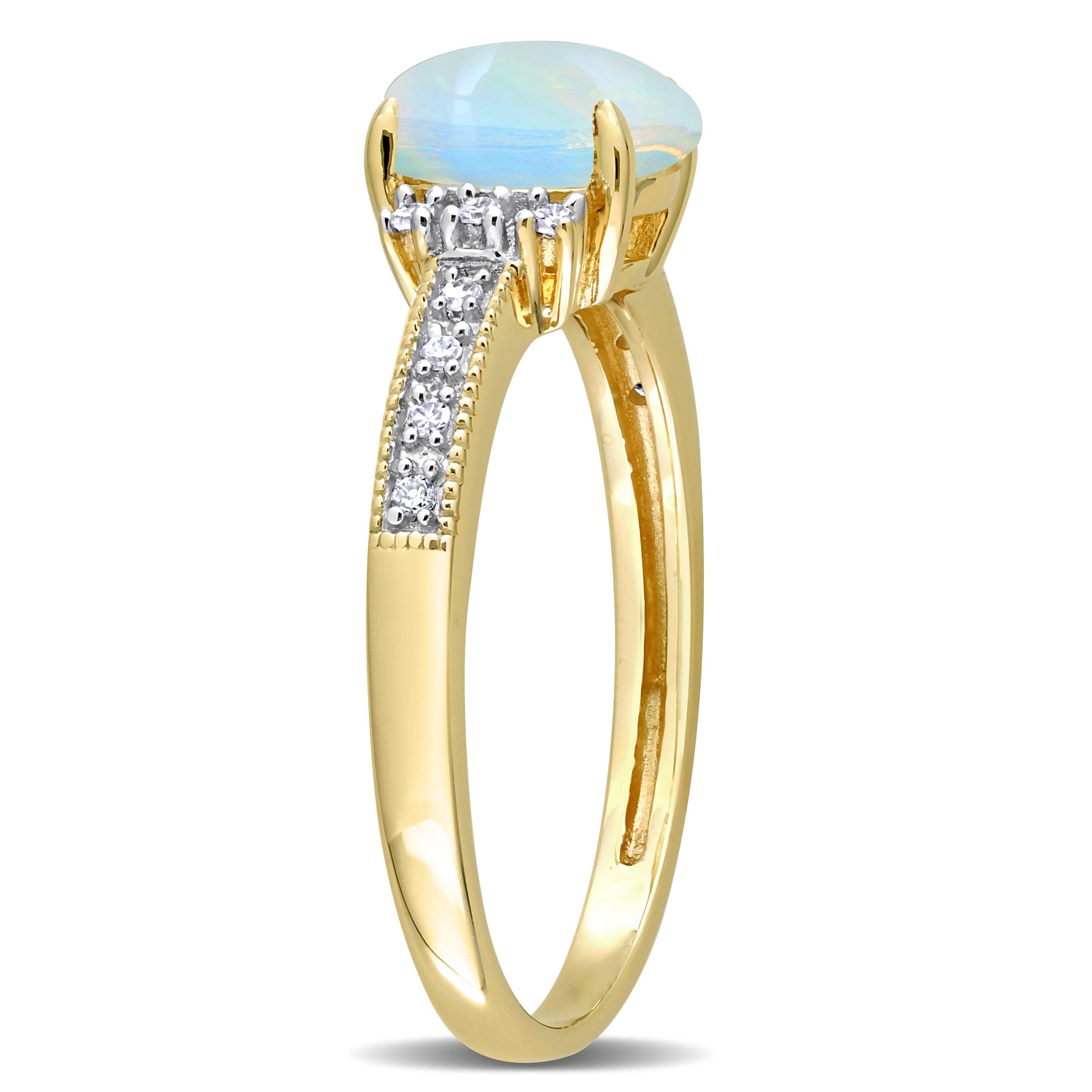 3/4 CT TGW Oval Shape Blue Ethiopian Opal and Diamond Accent Ring in 10K Yellow Gold